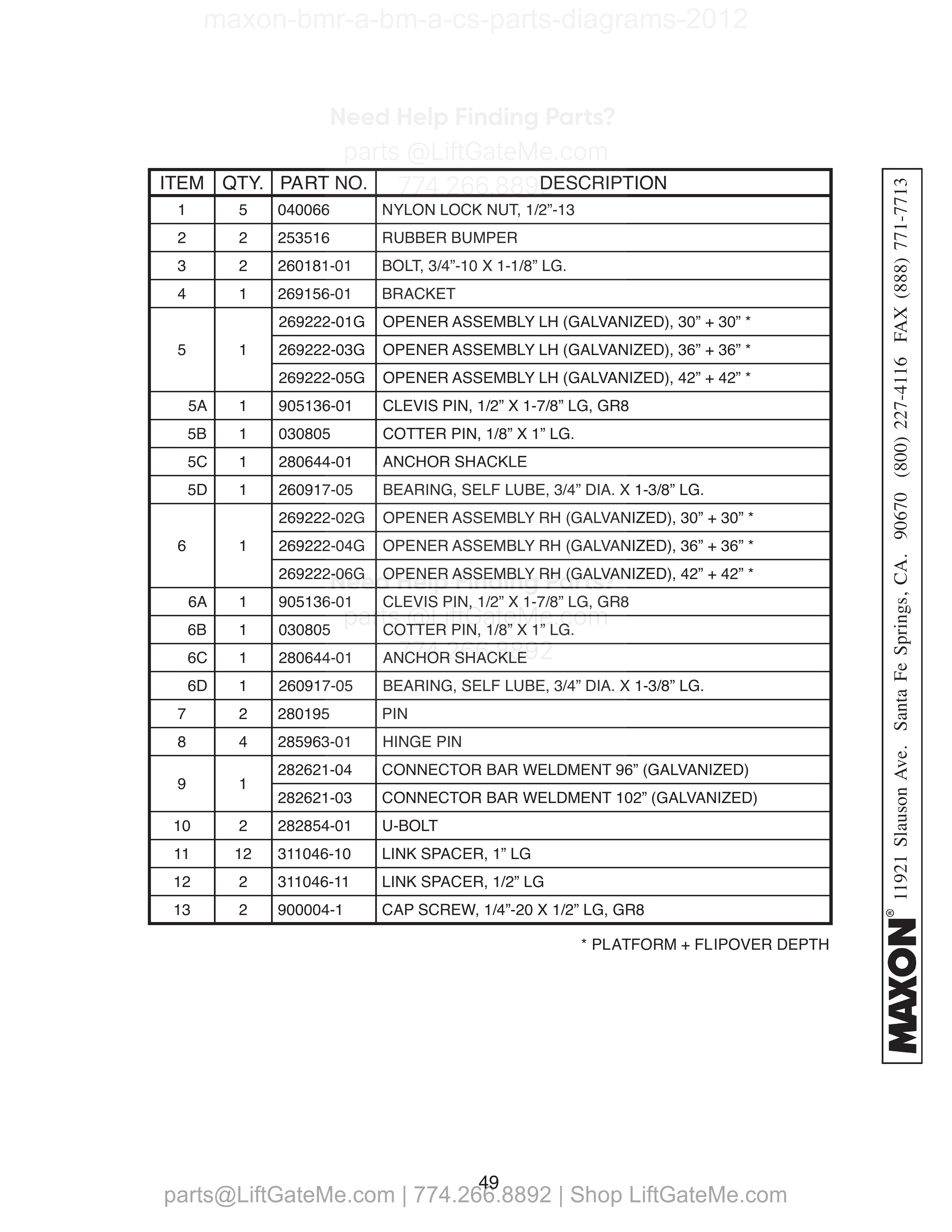 PLATFORM, FLIPOVER, AND CHAIN ASSEMBLY - 1 (ALUMINUM) parts table