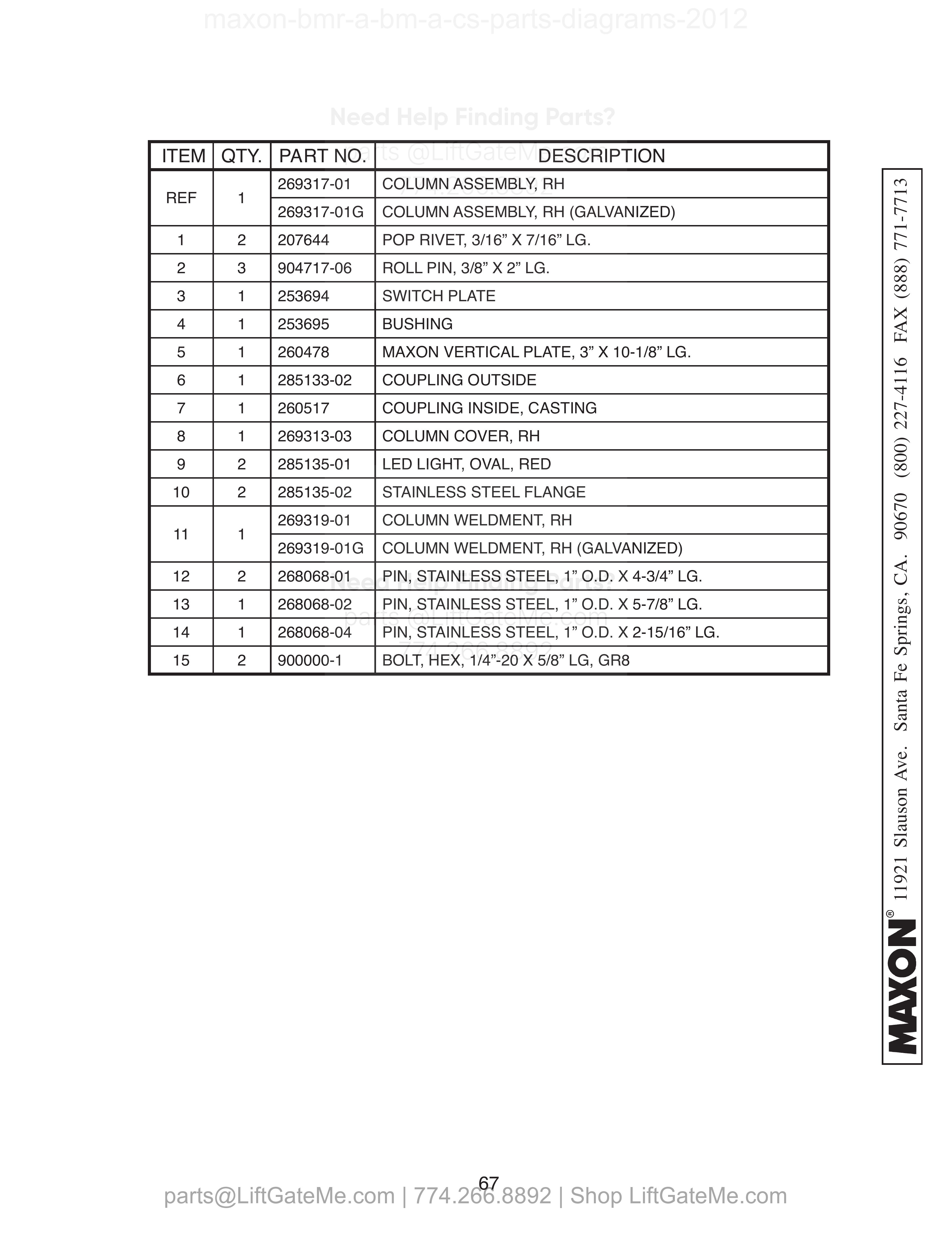RH COLUMN ASSEMBLY (BMR-A-CS) parts table