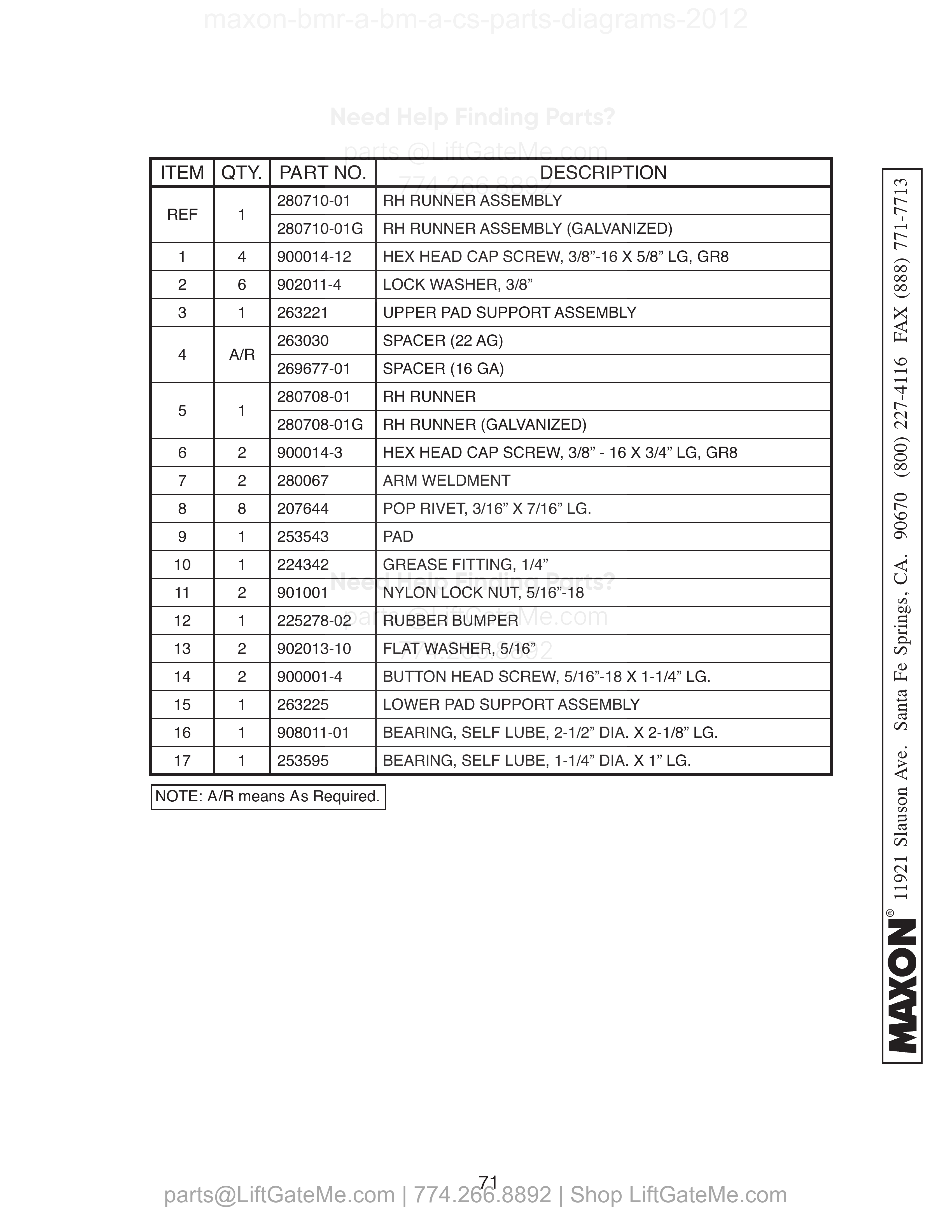RH RUNNER ASSEMBLY (BMR-A-CS) parts table