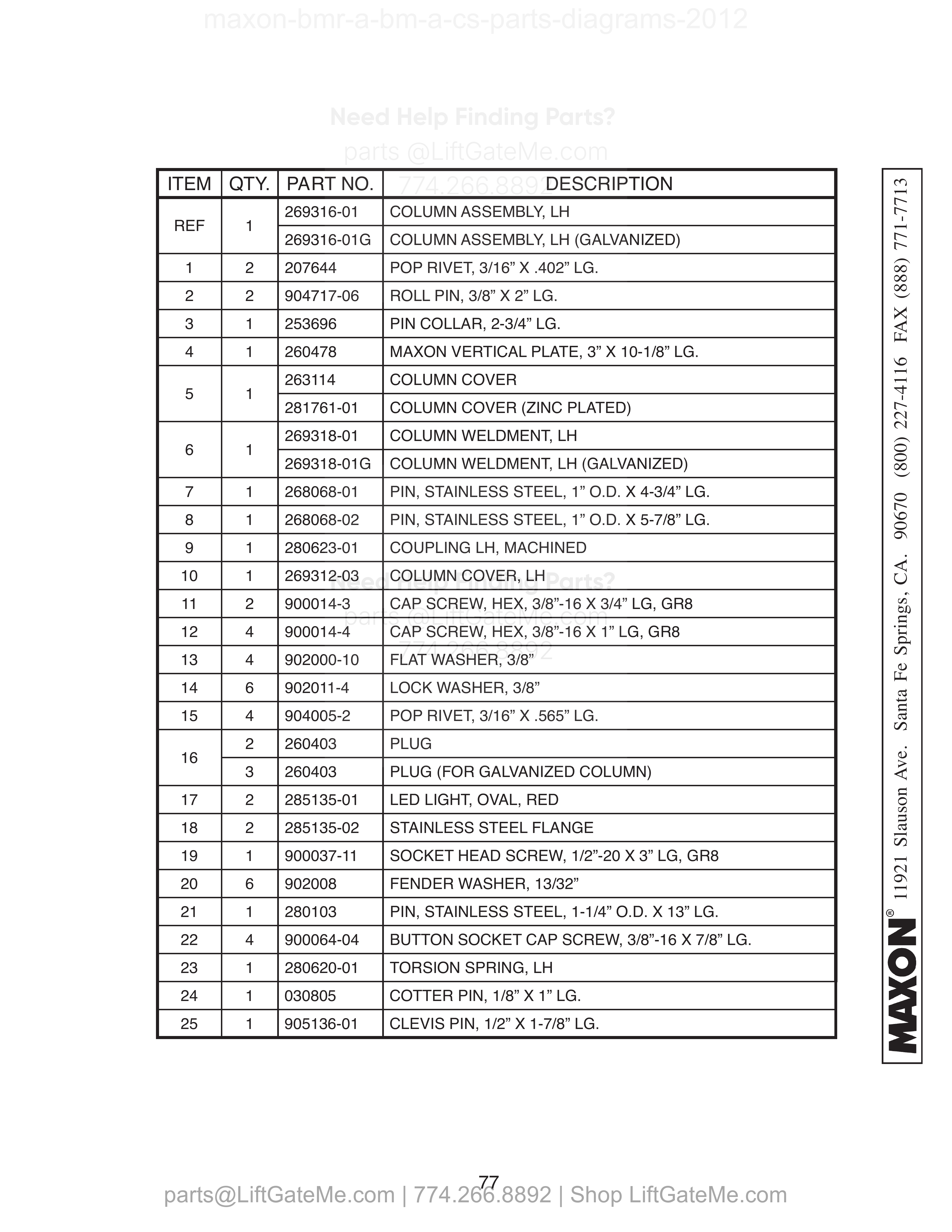 LH COLUMN ASSEMBLY (BMR-A-CS) parts table