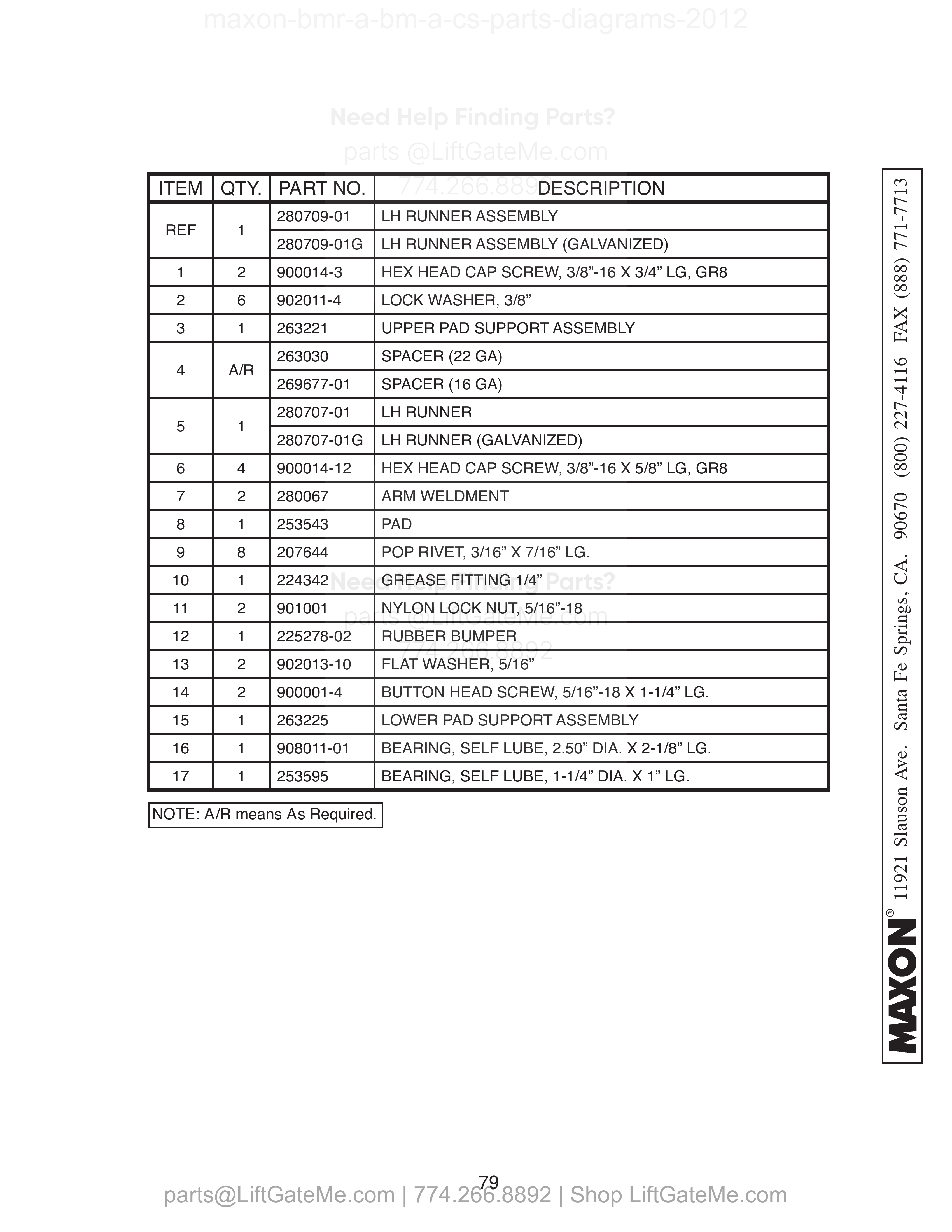 LH RUNNER ASSEMBLY (BMR-A-CS) parts table