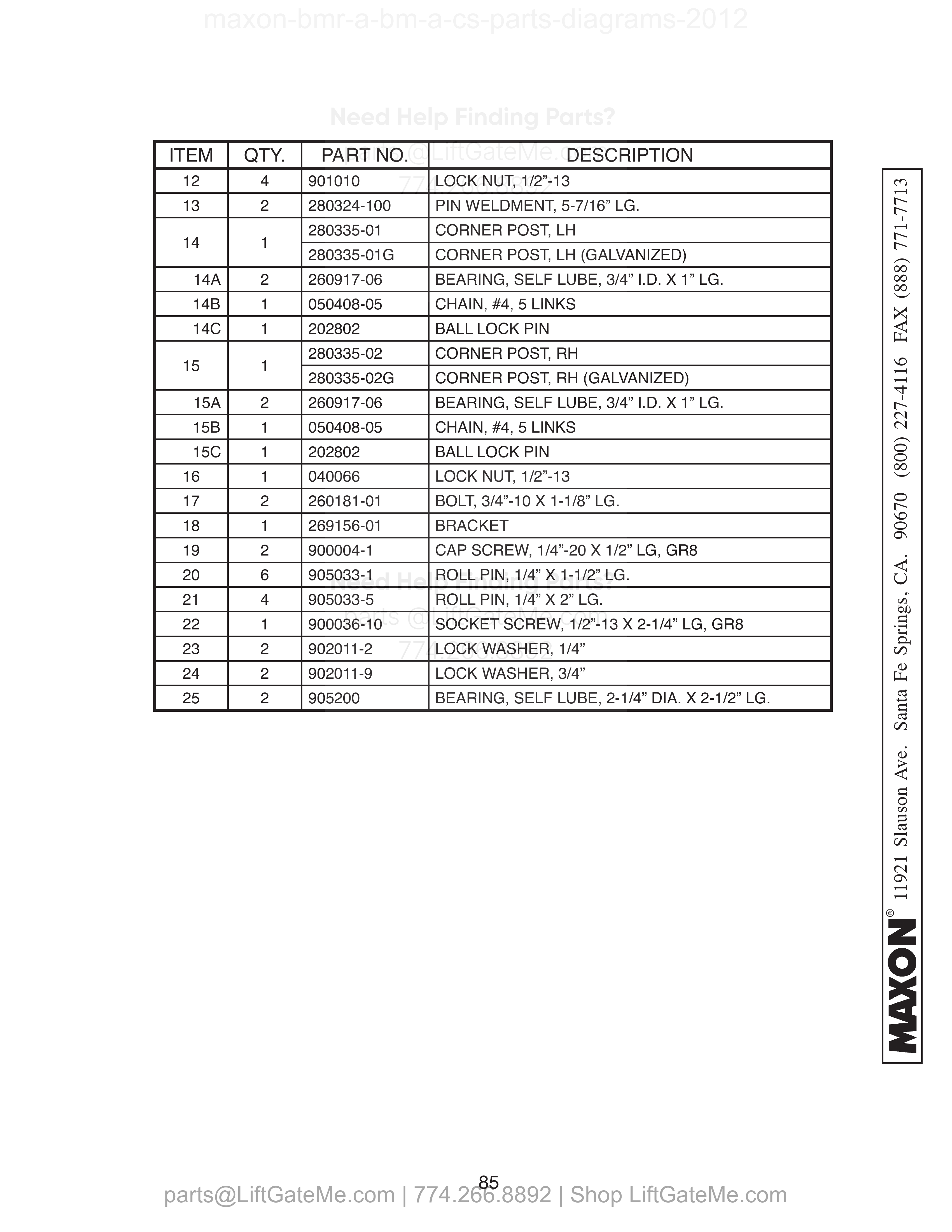CS PLATFORM ASSEMBLY (STEEL) - Continued parts table