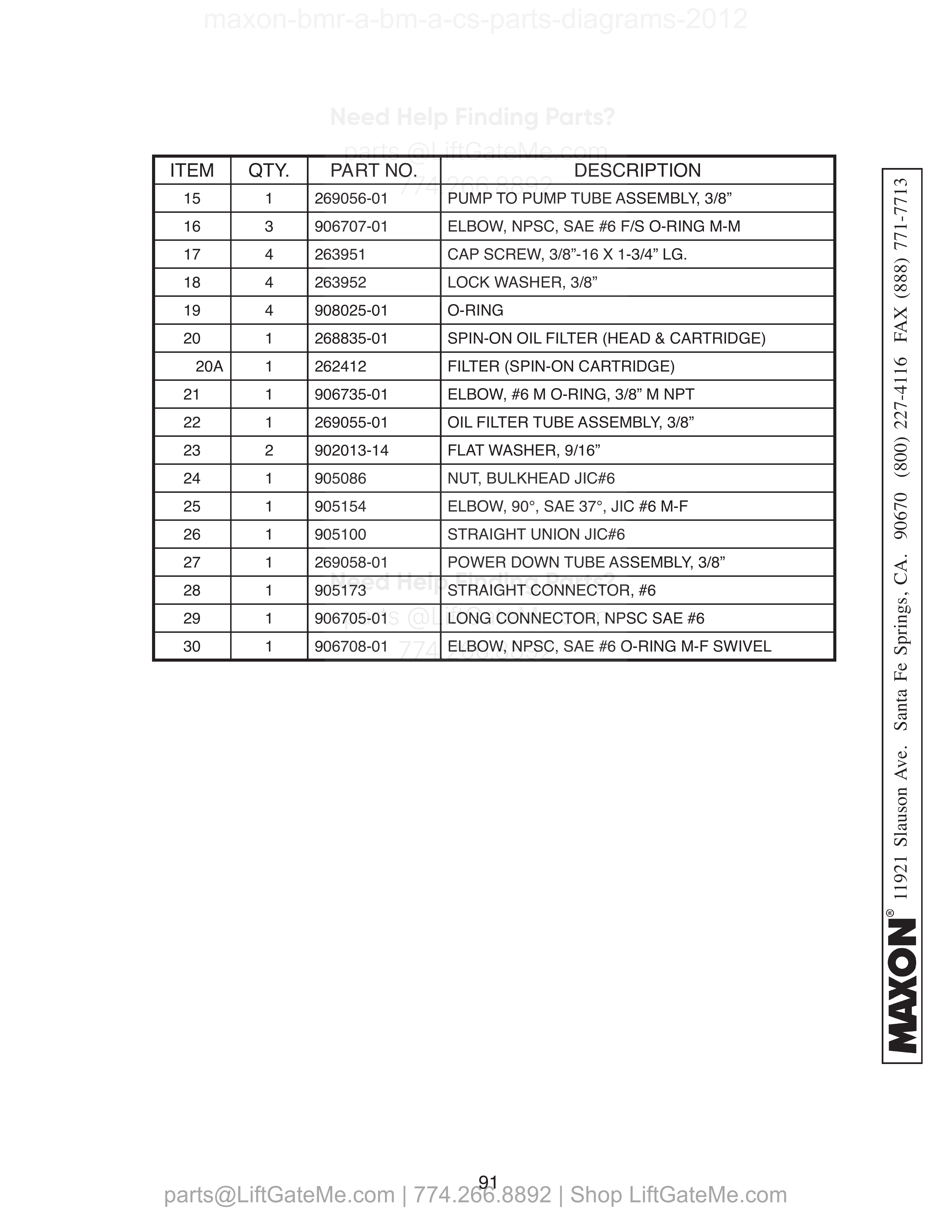 DUAL PUMP ASSEMBLY (POWER DOWN) - Continued parts table
