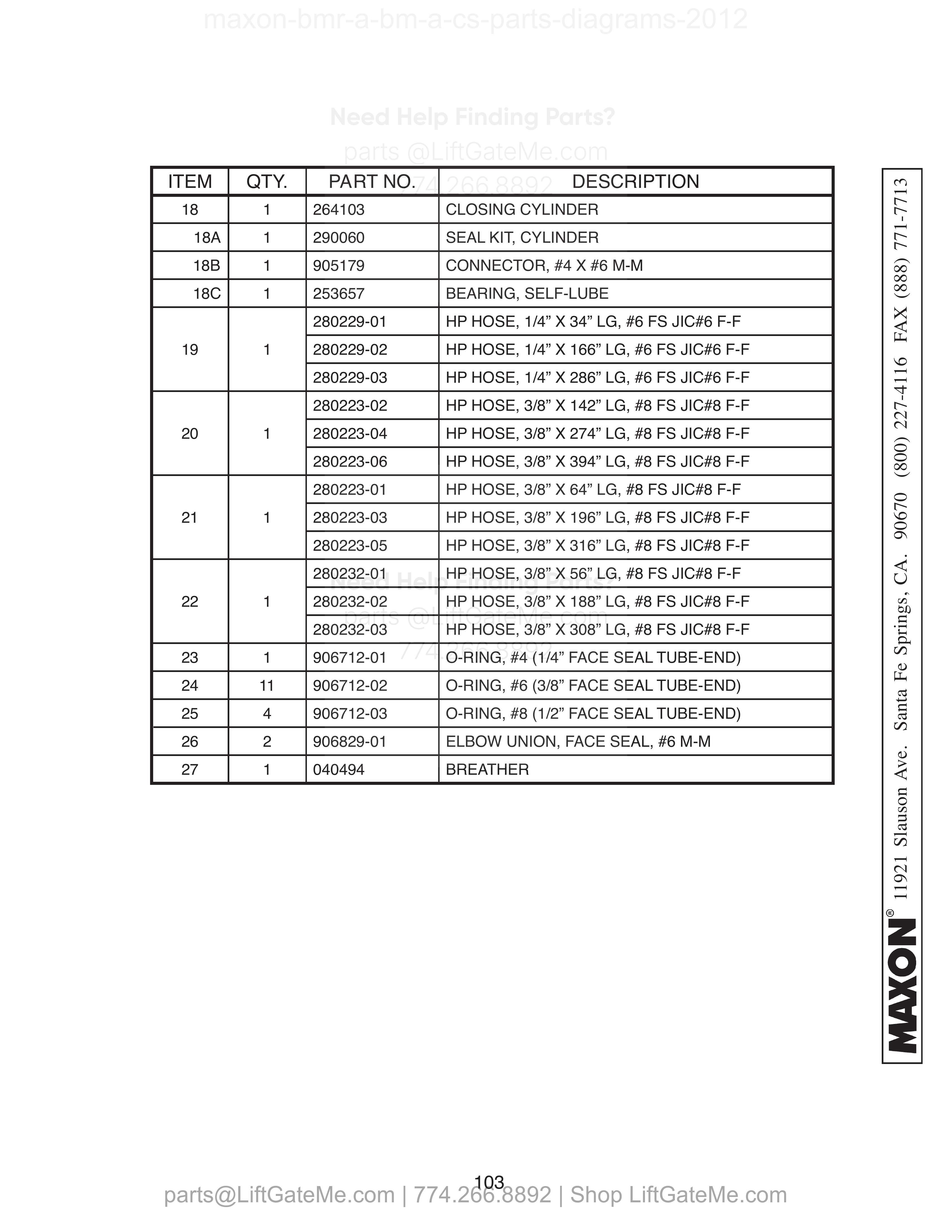 HYDRAULIC COMPONENTS (POWER DOWN) - Continued parts table