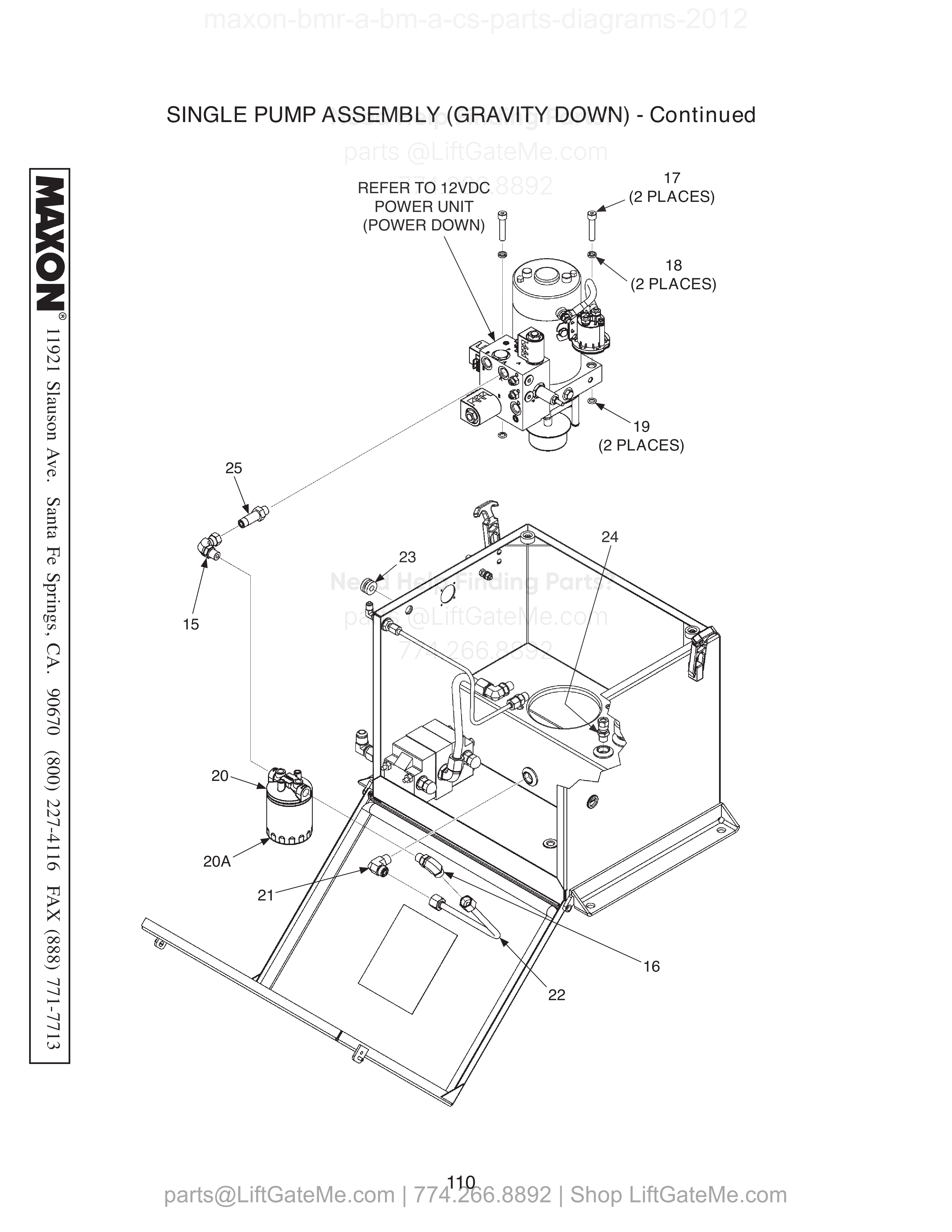 SINGLE PUMP ASSEMBLY (GRAVITY DOWN) - Continued diagram