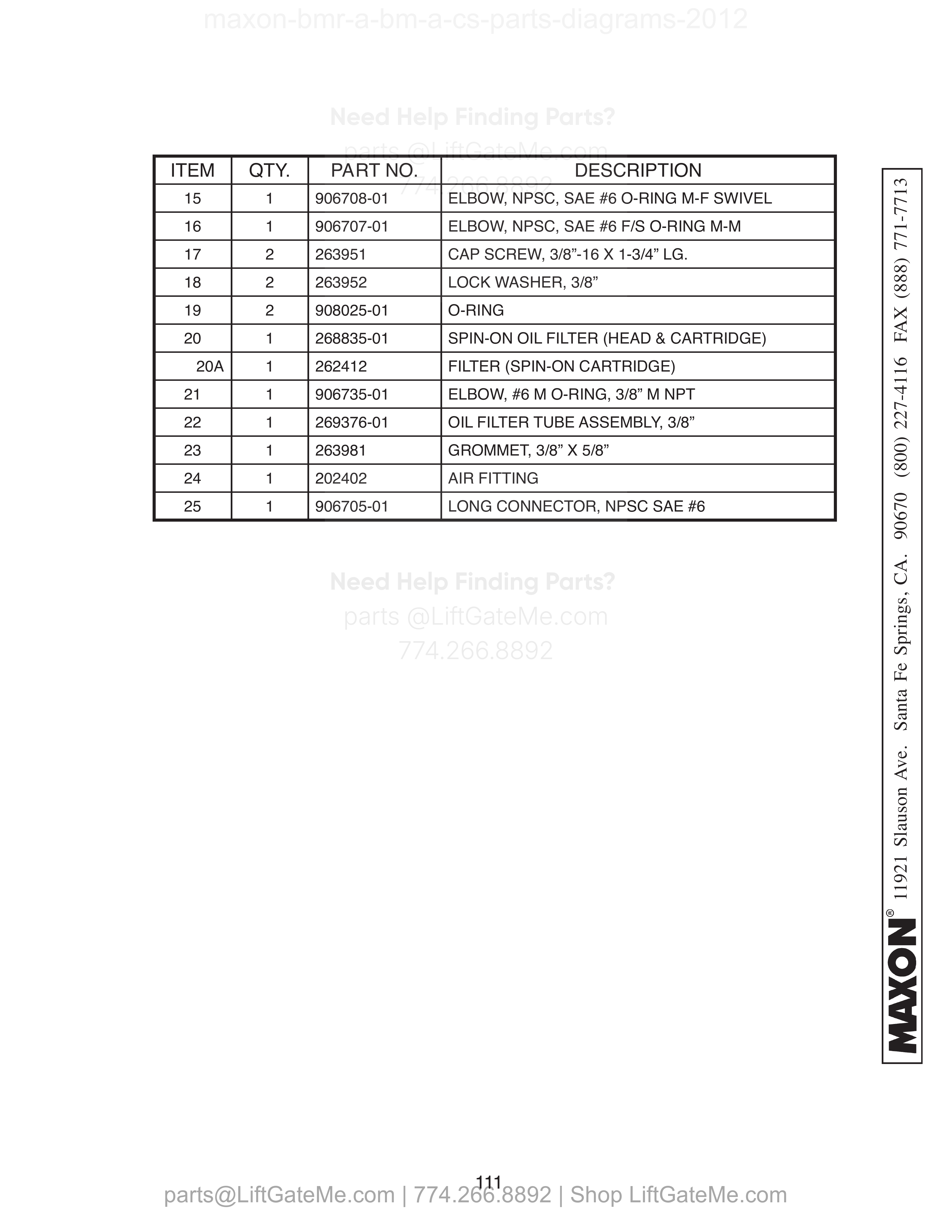 SINGLE PUMP ASSEMBLY (GRAVITY DOWN) - Continued parts table