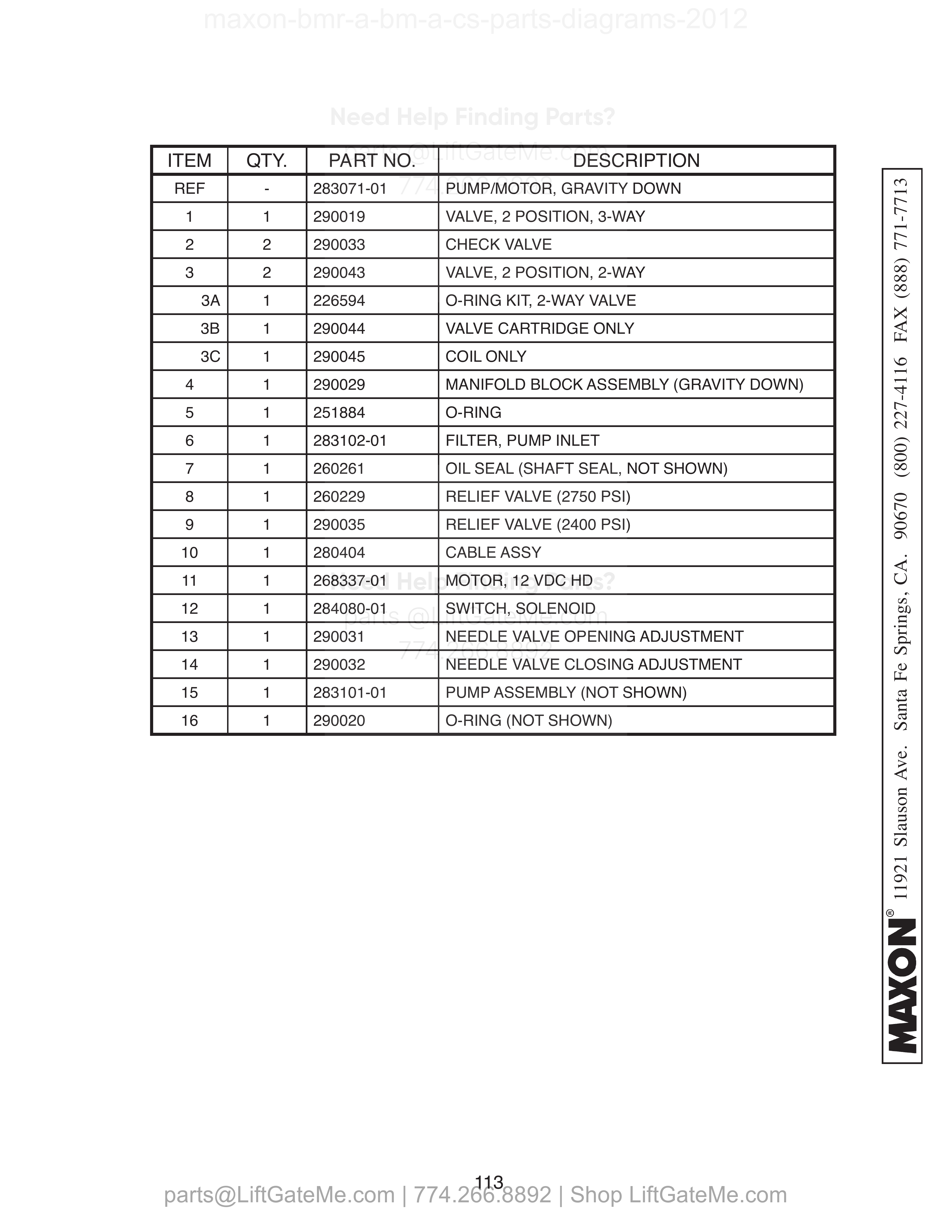 12VDC POWER UNIT (GRAVITY DOWN) parts table