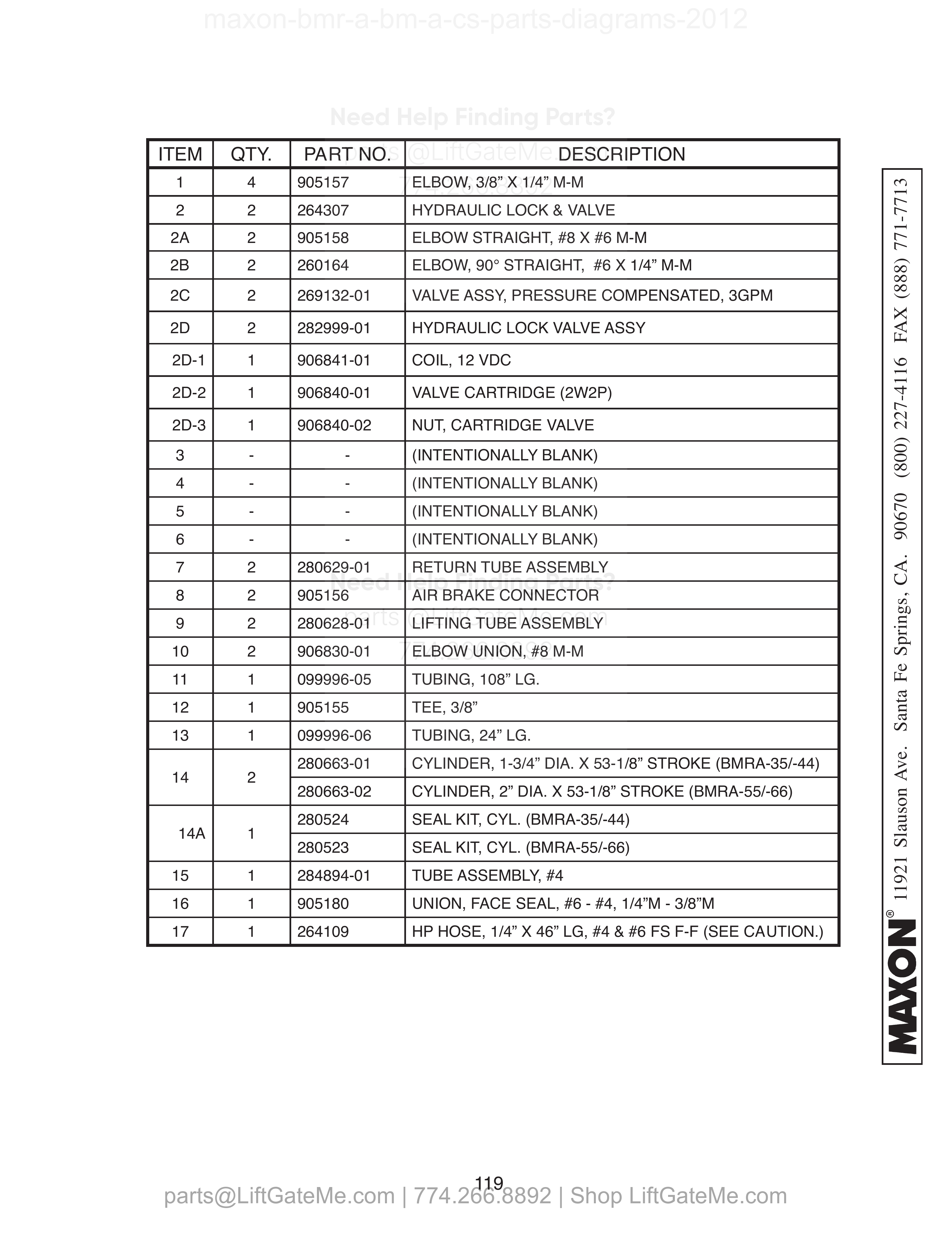 HYDRAULIC COMPONENTS (GRAVITY DOWN) parts table
