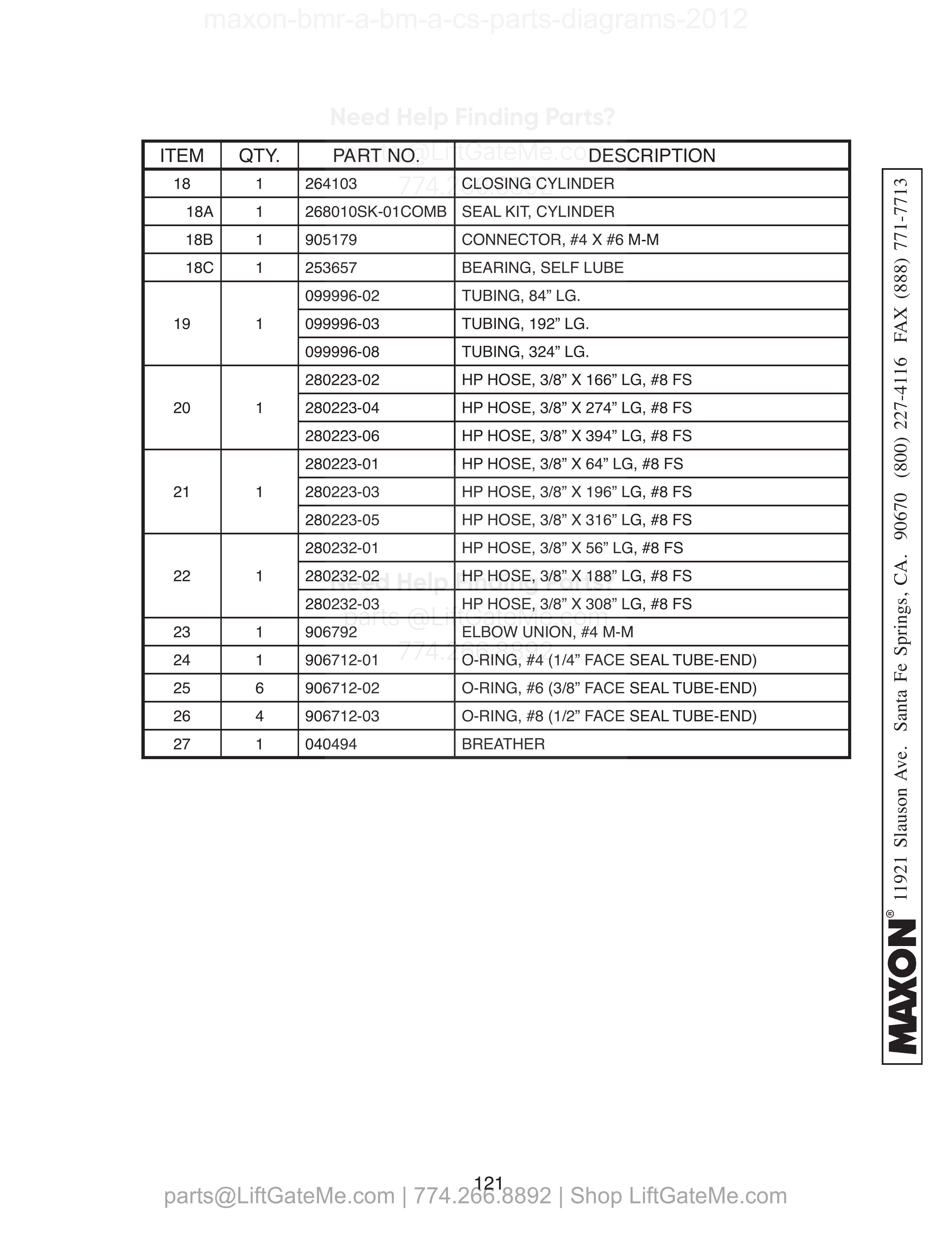 HYDRAULIC COMPONENTS (GRAVITY DOWN) - Continued parts table