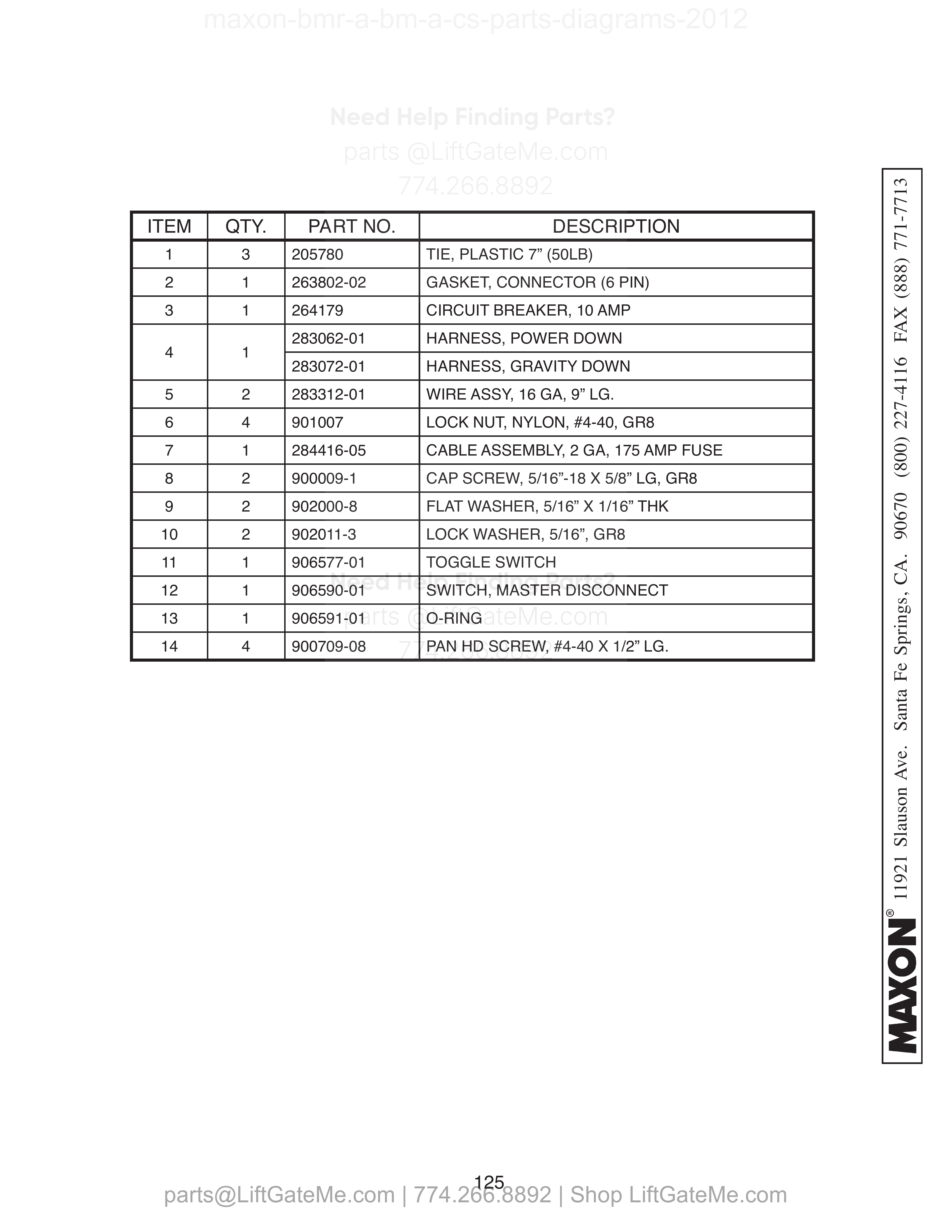 Electrical Components - Dual Pump Box parts table