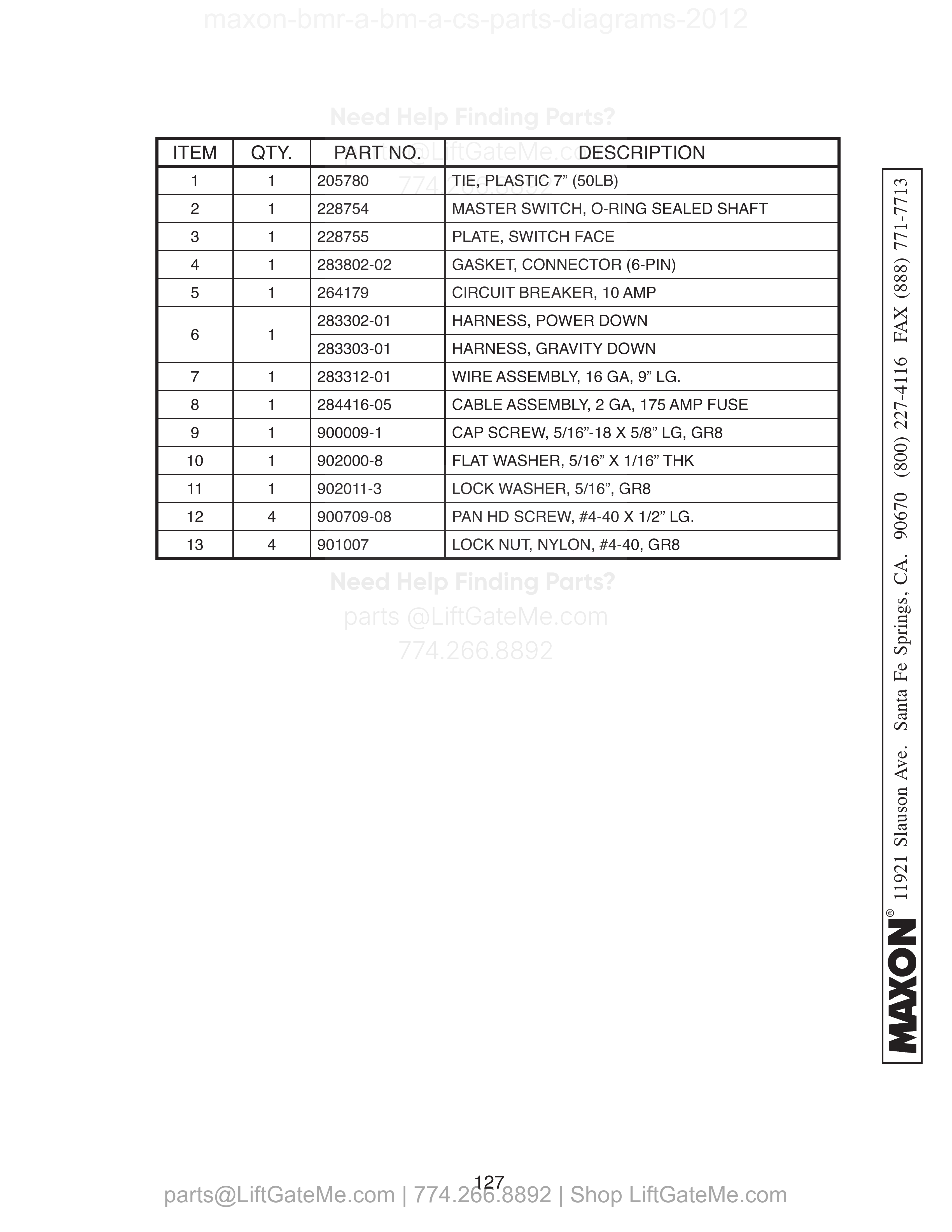 ELECTRICAL COMPONENTS - SINGLE PUMP BOX parts table