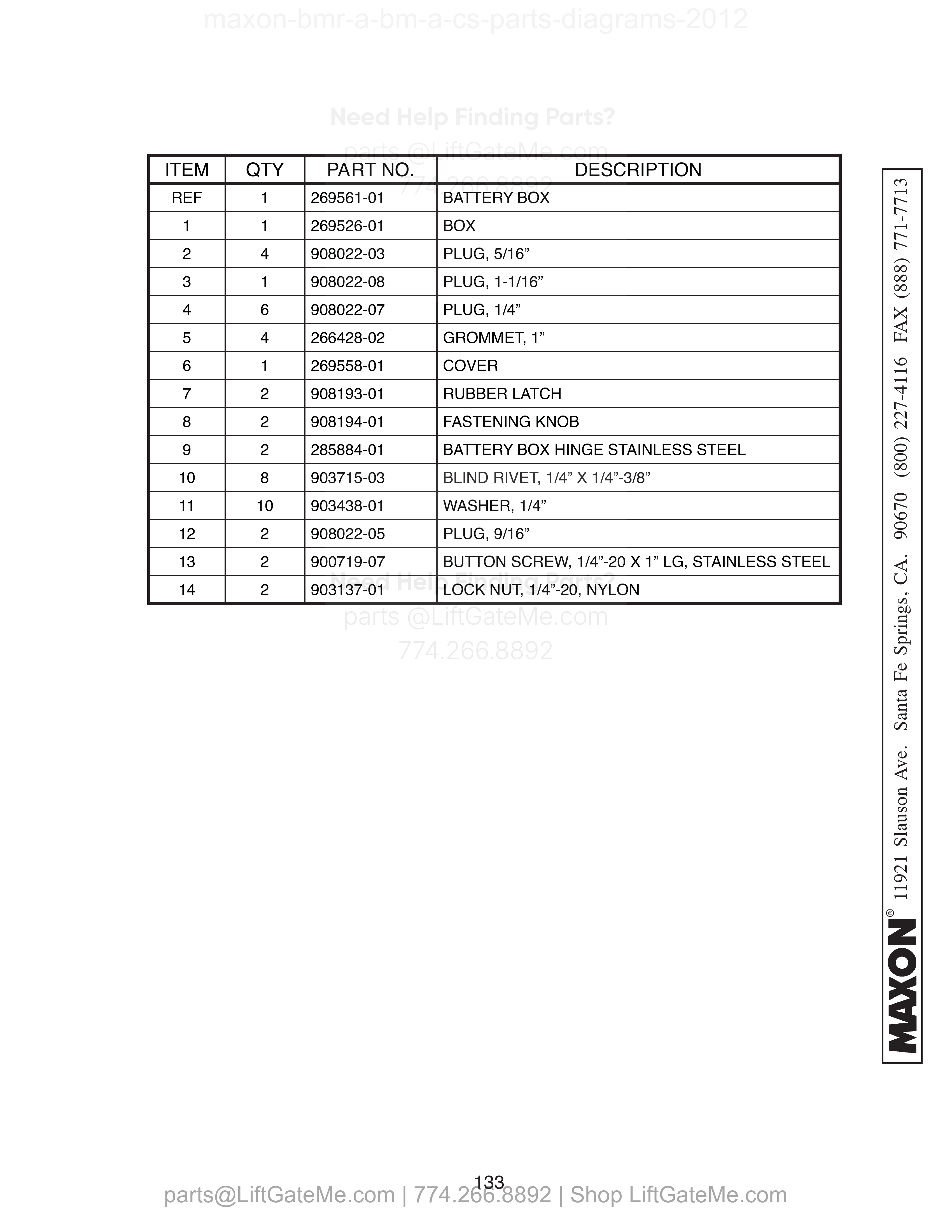 BATTERY BOX parts table