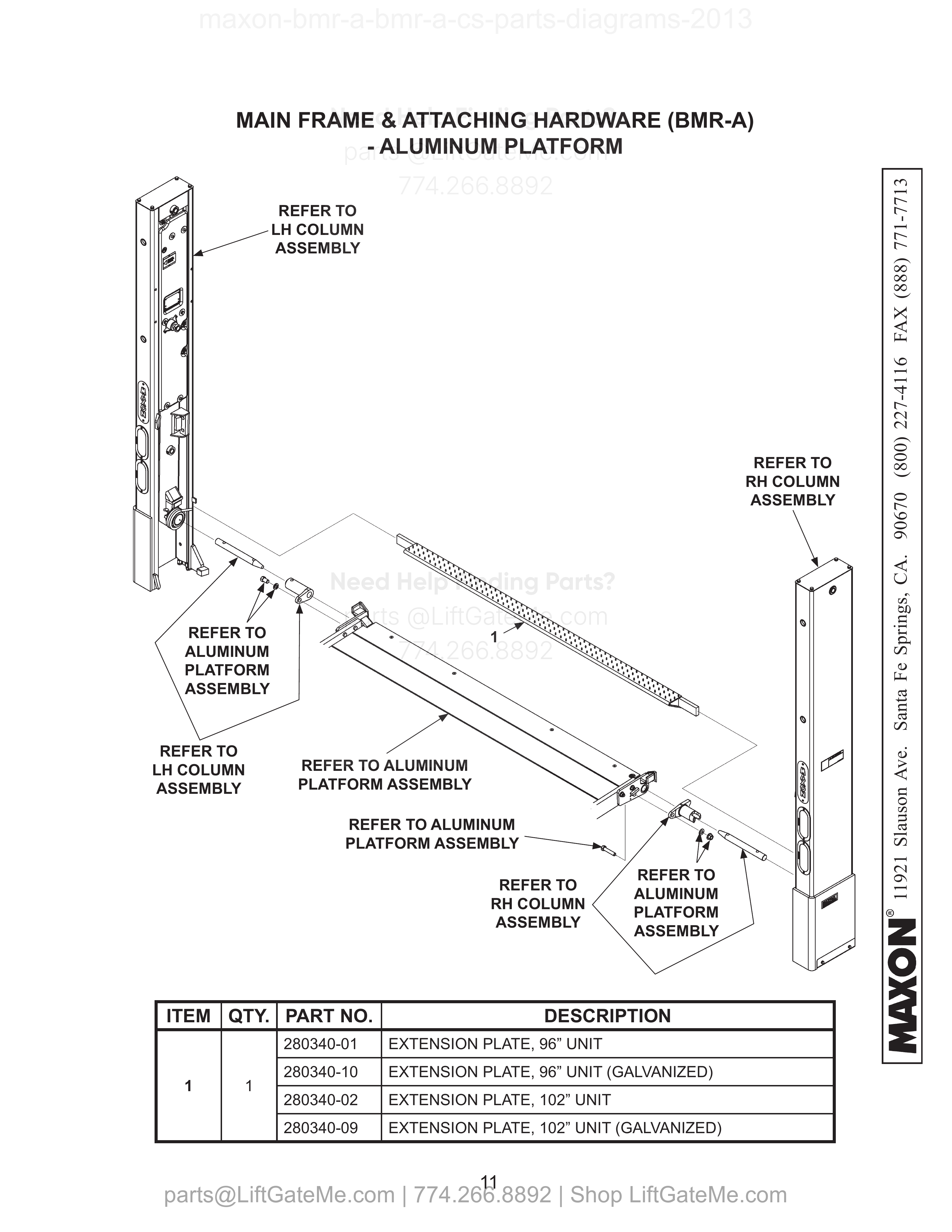 MAIN FRAME & ATTACHING HARDWARE (BMR-A) - ALUMINUM PLATFORM diagram