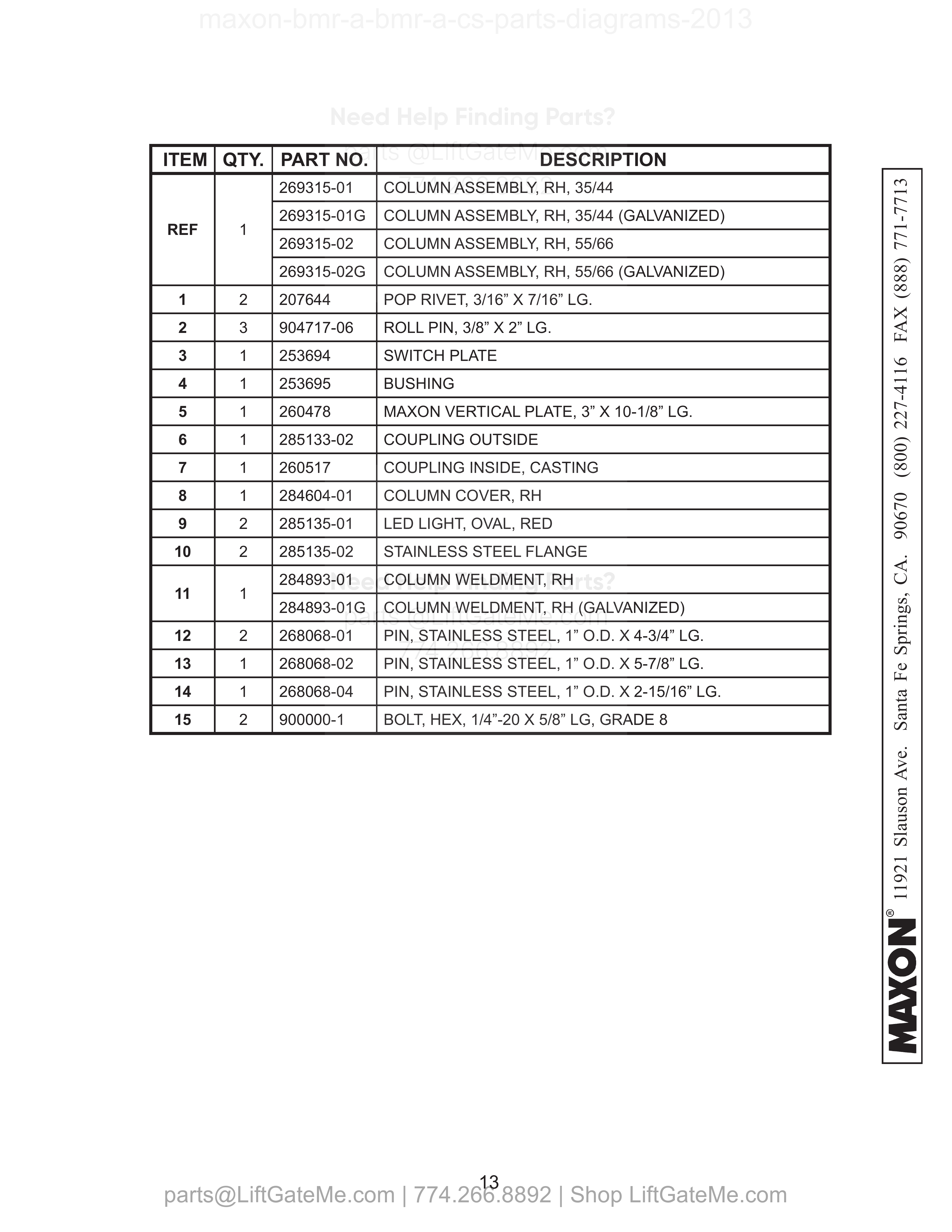 RH COLUMN ASSEMBLY parts table