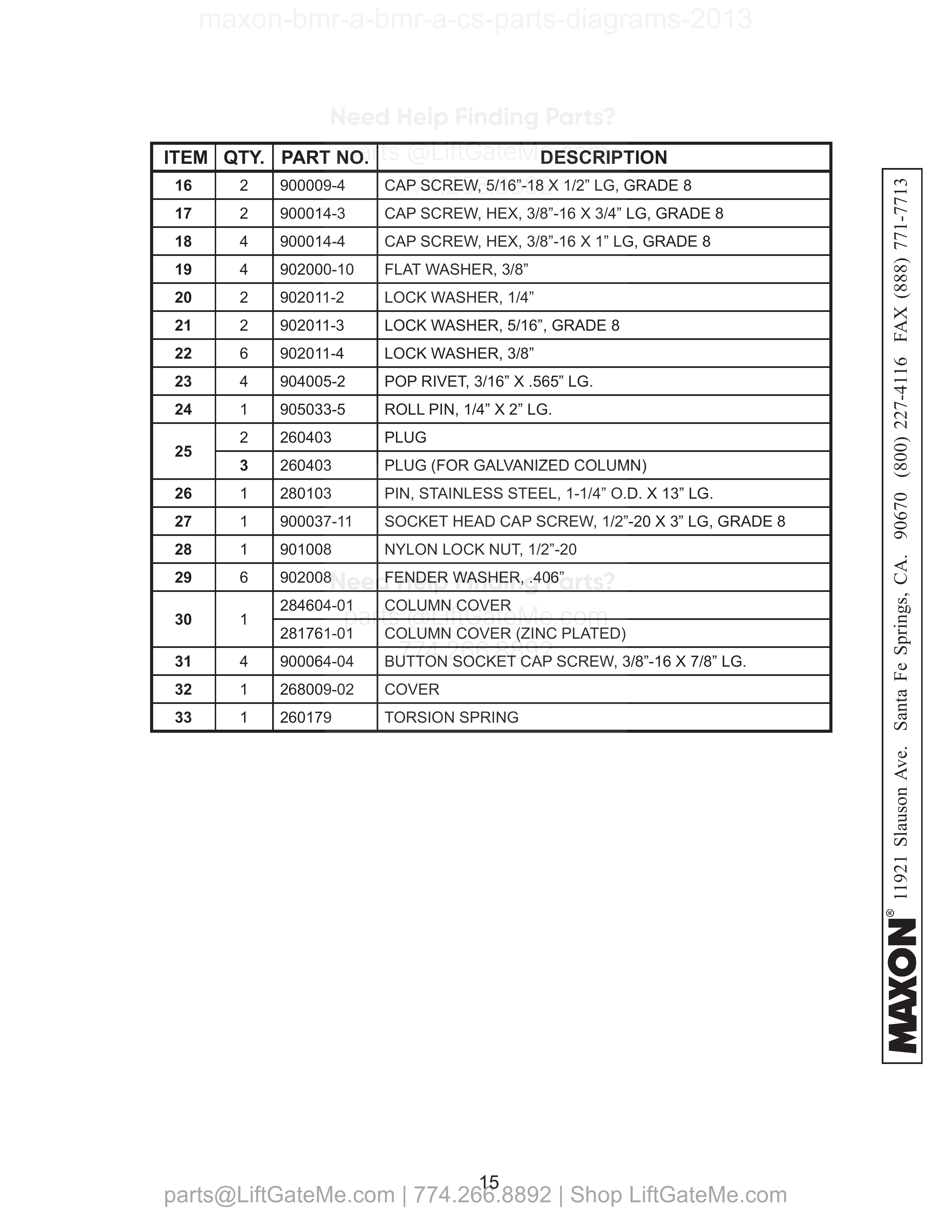 RH COLUMN ASSEMBLY - Continued parts table