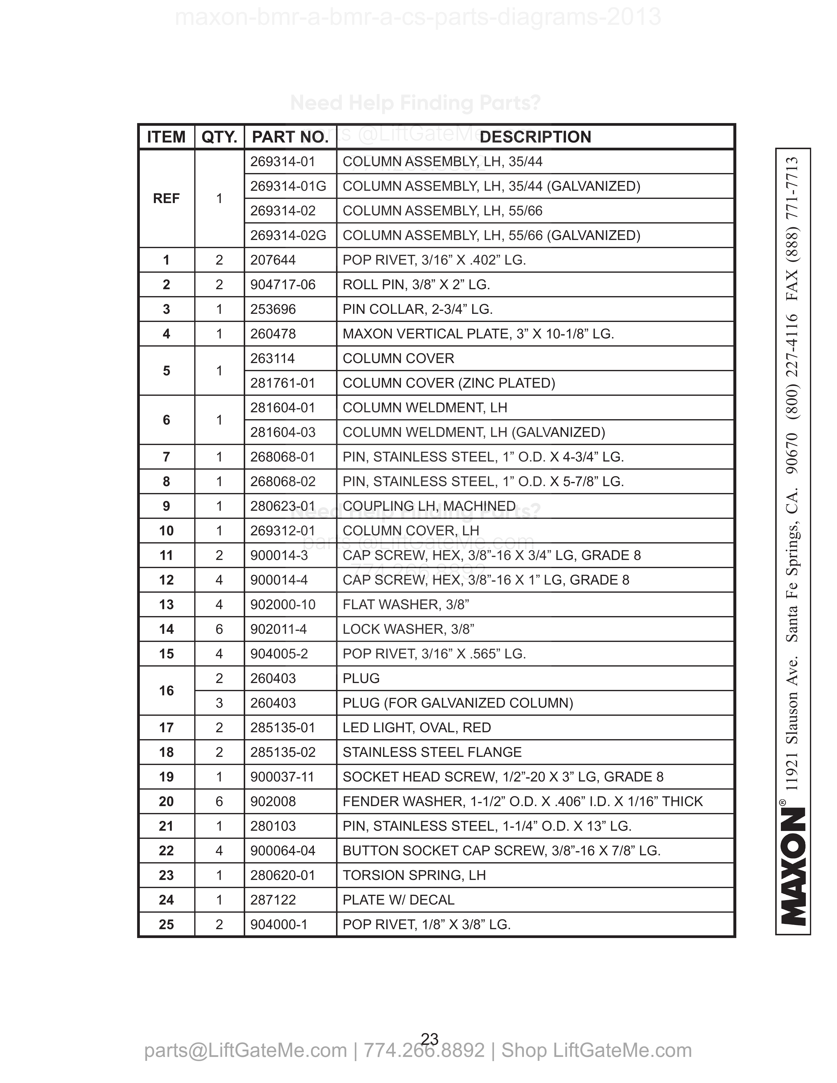 LH COLUMN ASSEMBLY parts table