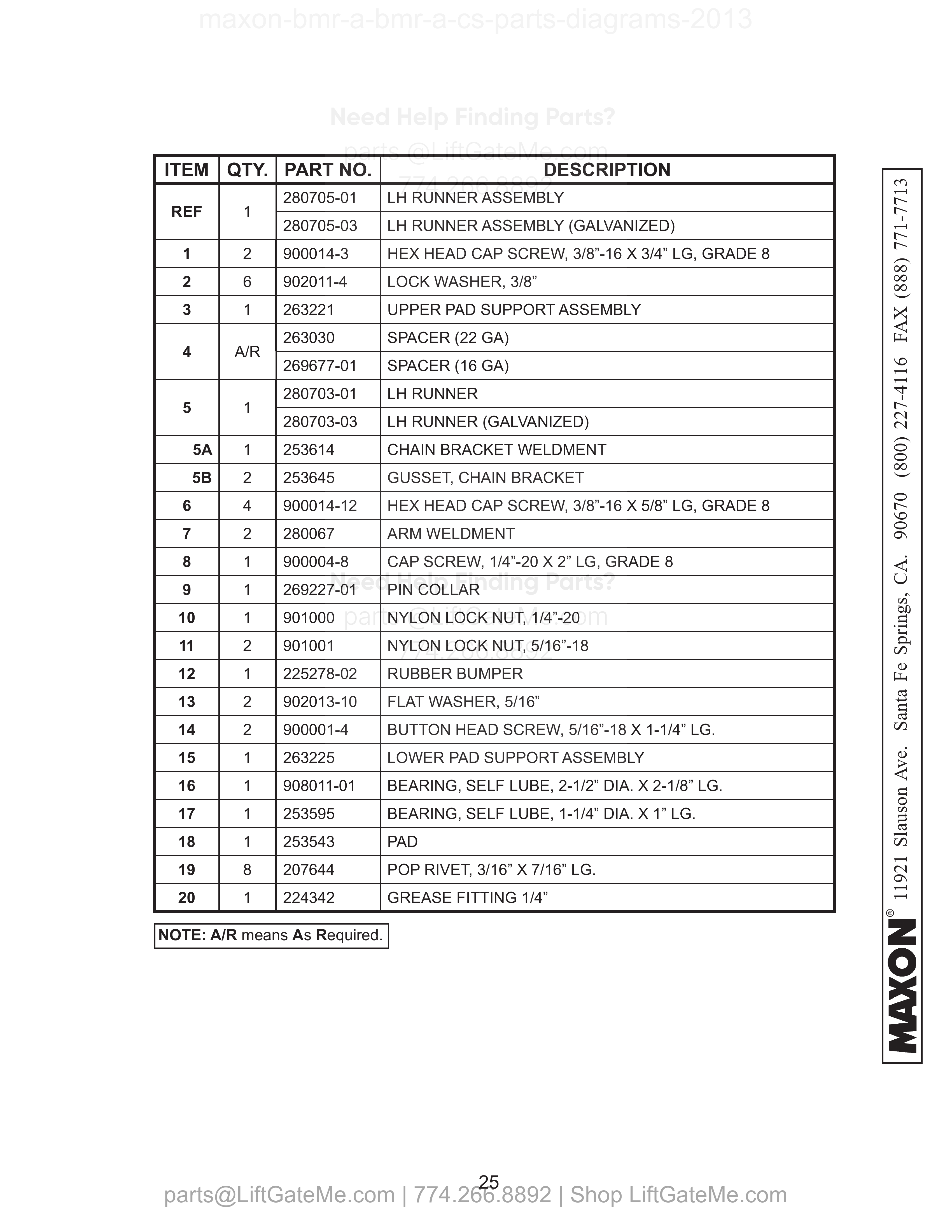 LH RUNNER ASSEMBLY (BMR-A) parts table
