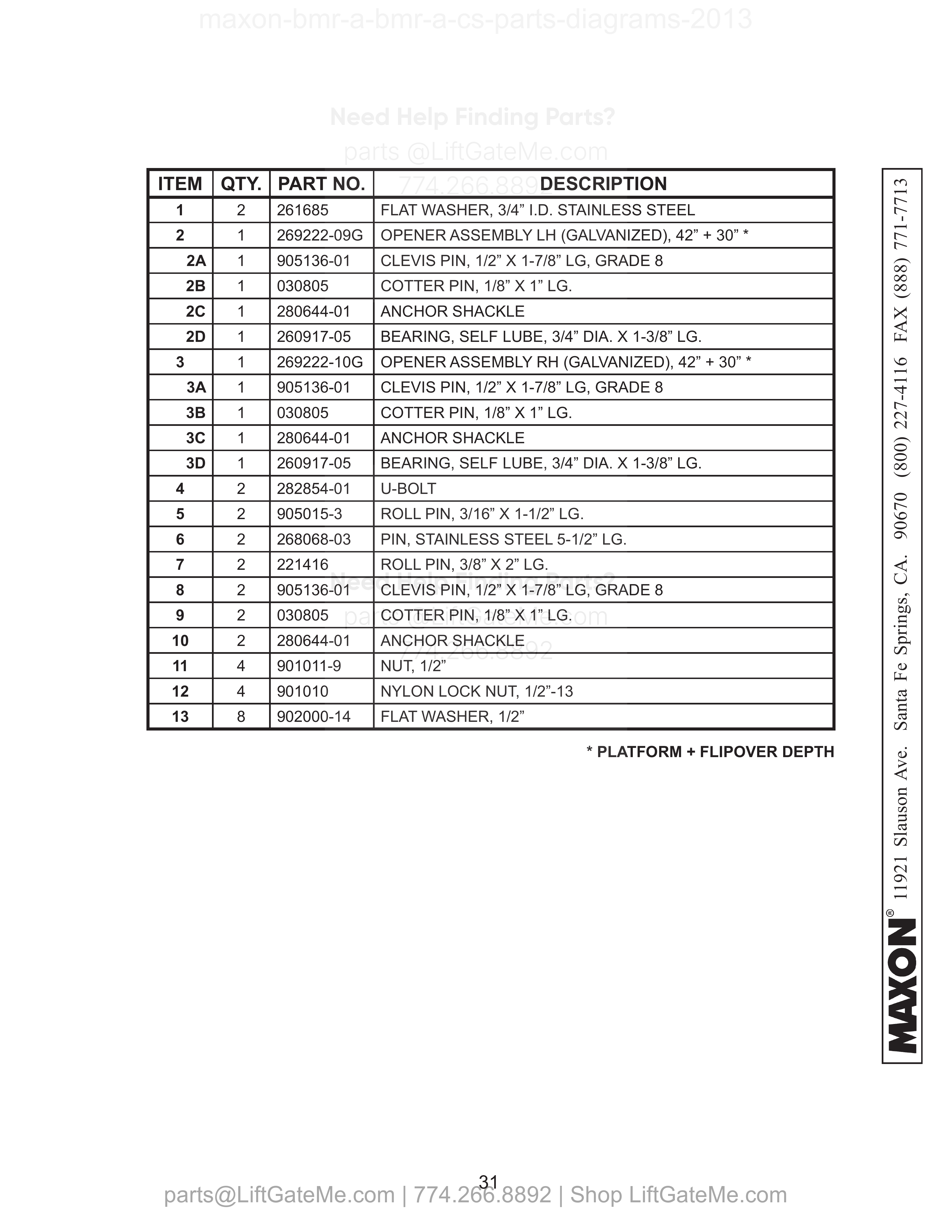PLATFORM, FLIPOVER, AND CHAIN ASSEMBLY - 2 (STEEL) parts table
