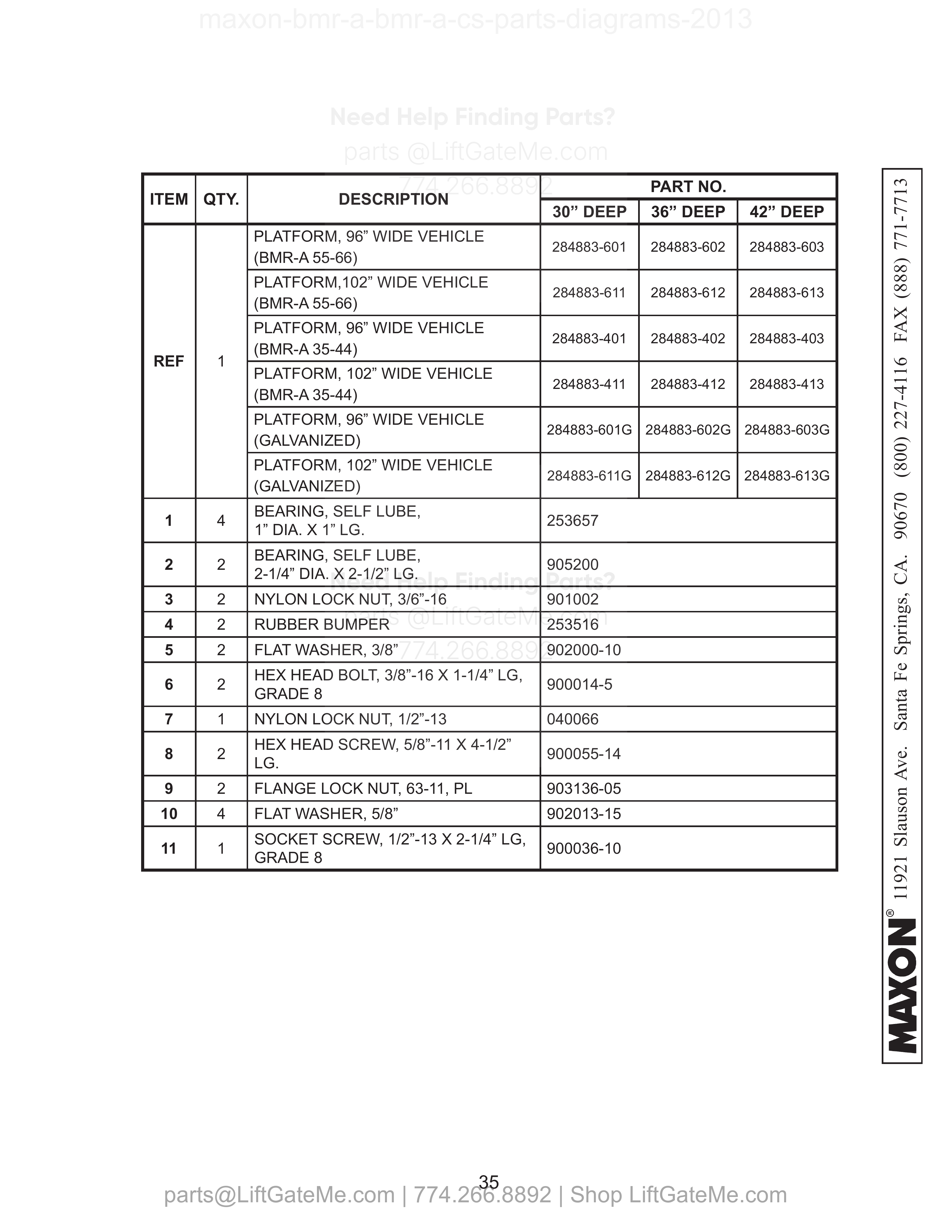 PLATFORM ASSEMBLY (STEEL) parts table