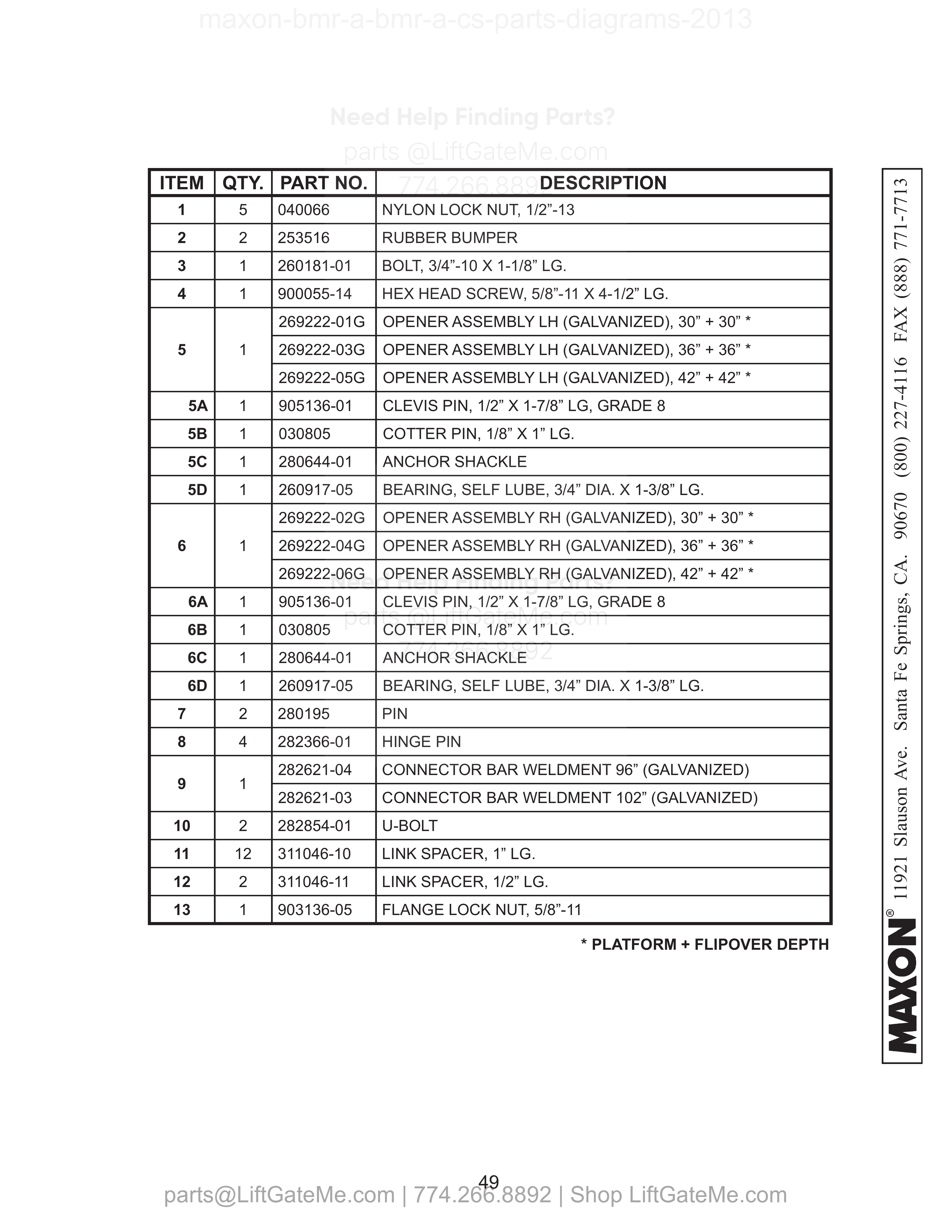 PLATFORM, FLIPOVER, AND CHAIN ASSEMBLY - 1 (ALUMINUM) parts table
