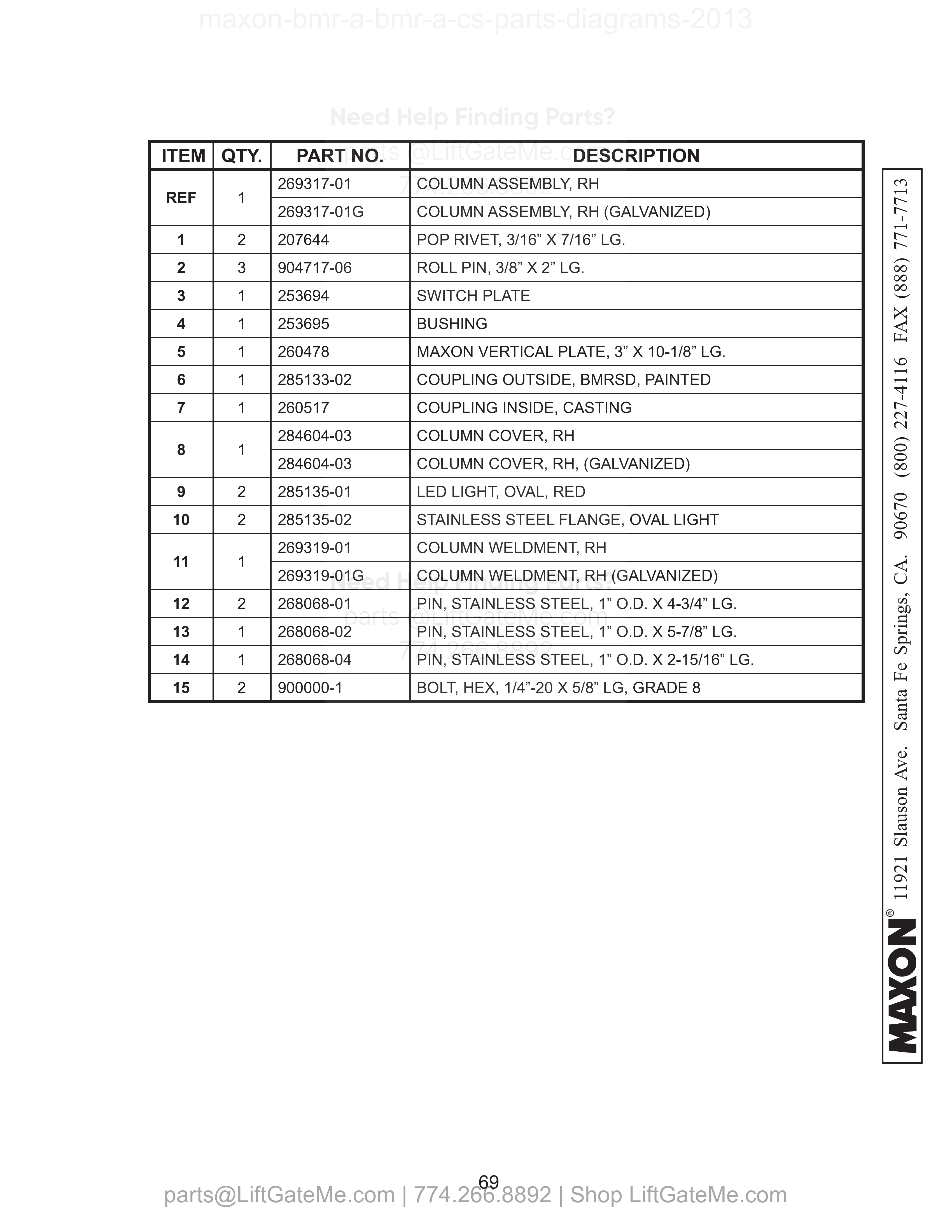 RH COLUMN ASSEMBLY (BMR-A-CS WITH 36” DEEP PLATFORM) parts table