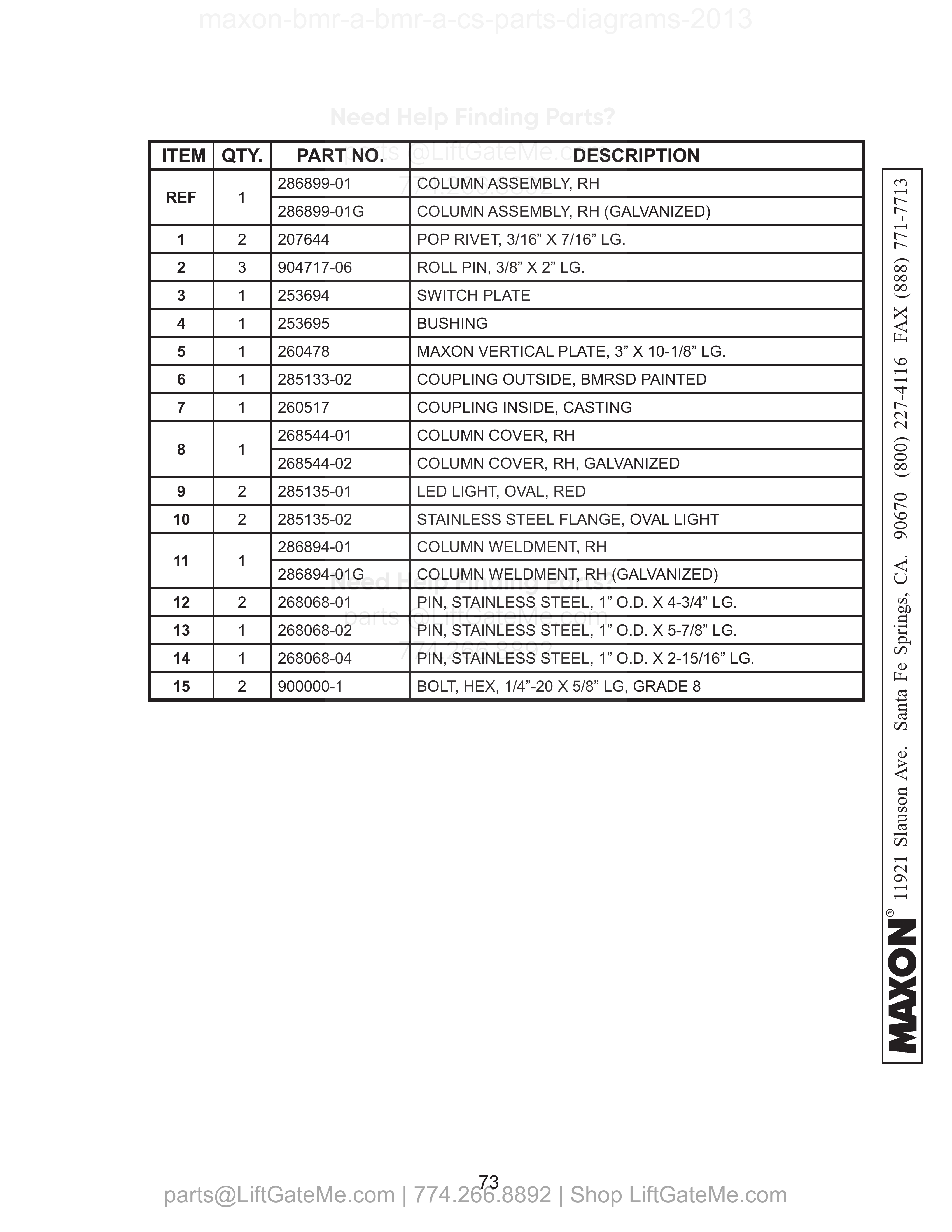 RH COLUMN ASSEMBLY (BMR-A-CS WITH 42” DEEP PLATFORM) parts table