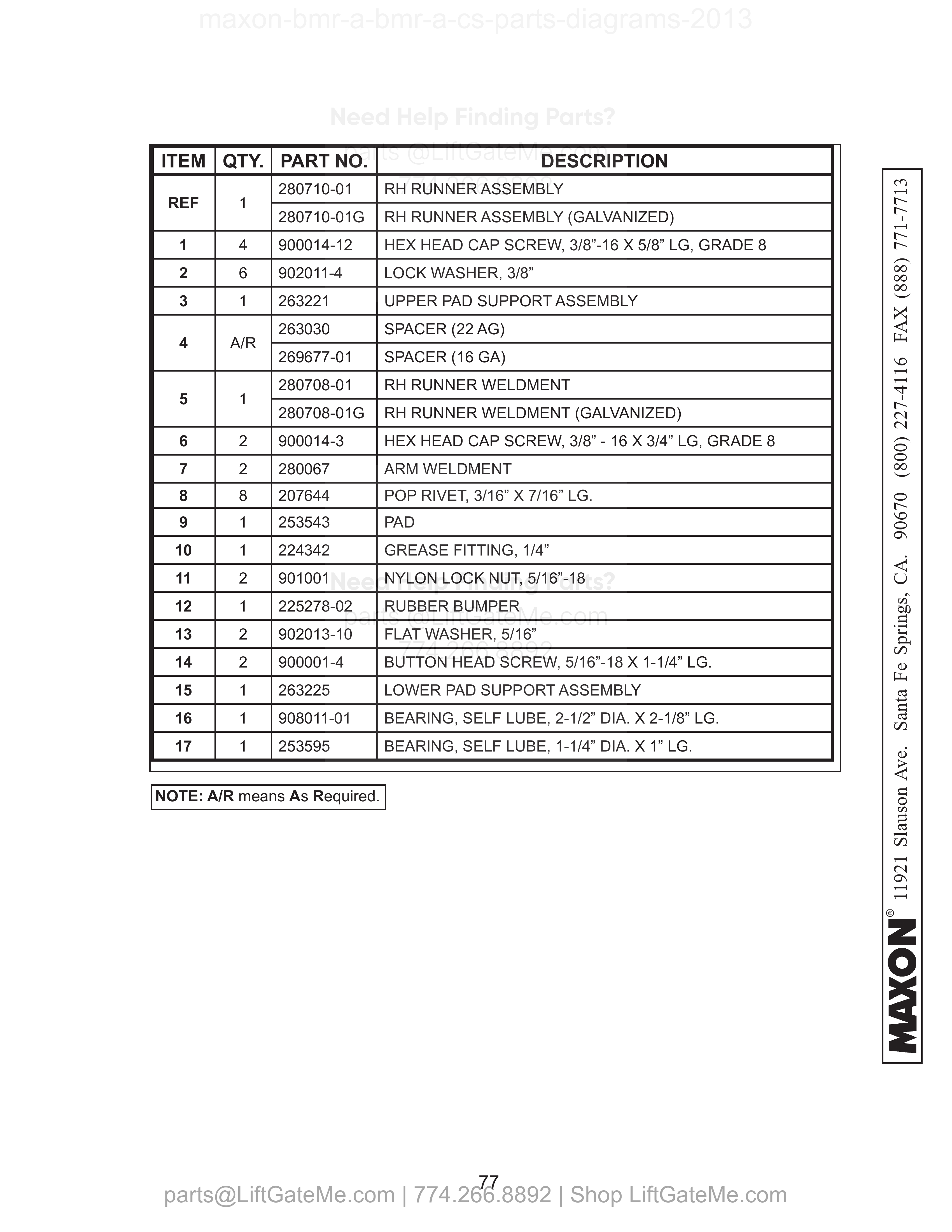 RH RUNNER ASSEMBLY (BMR-A-CS) parts table