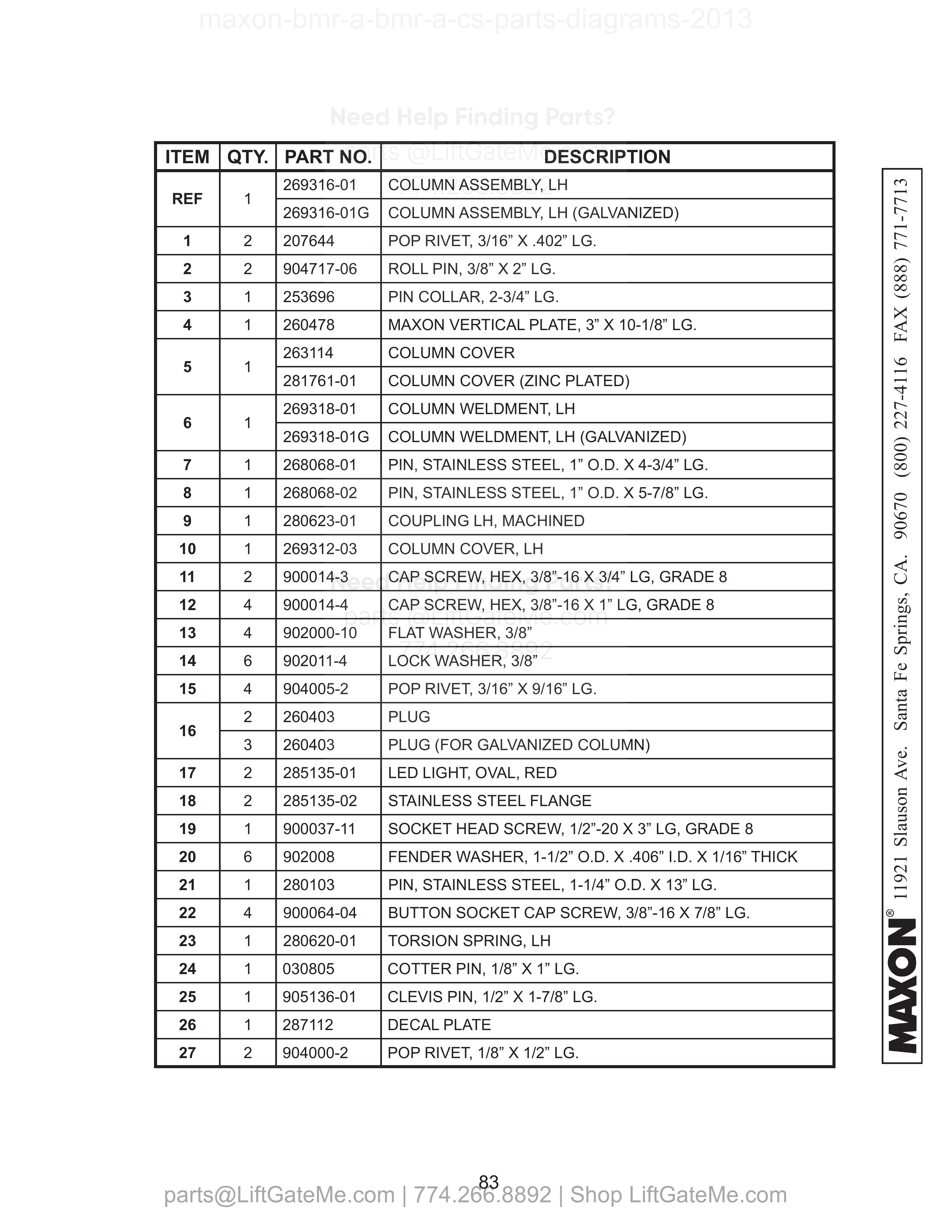 LH COLUMN ASSEMBLY (BMR-A-CS WITH 36” DEEP PLATFORM) parts table