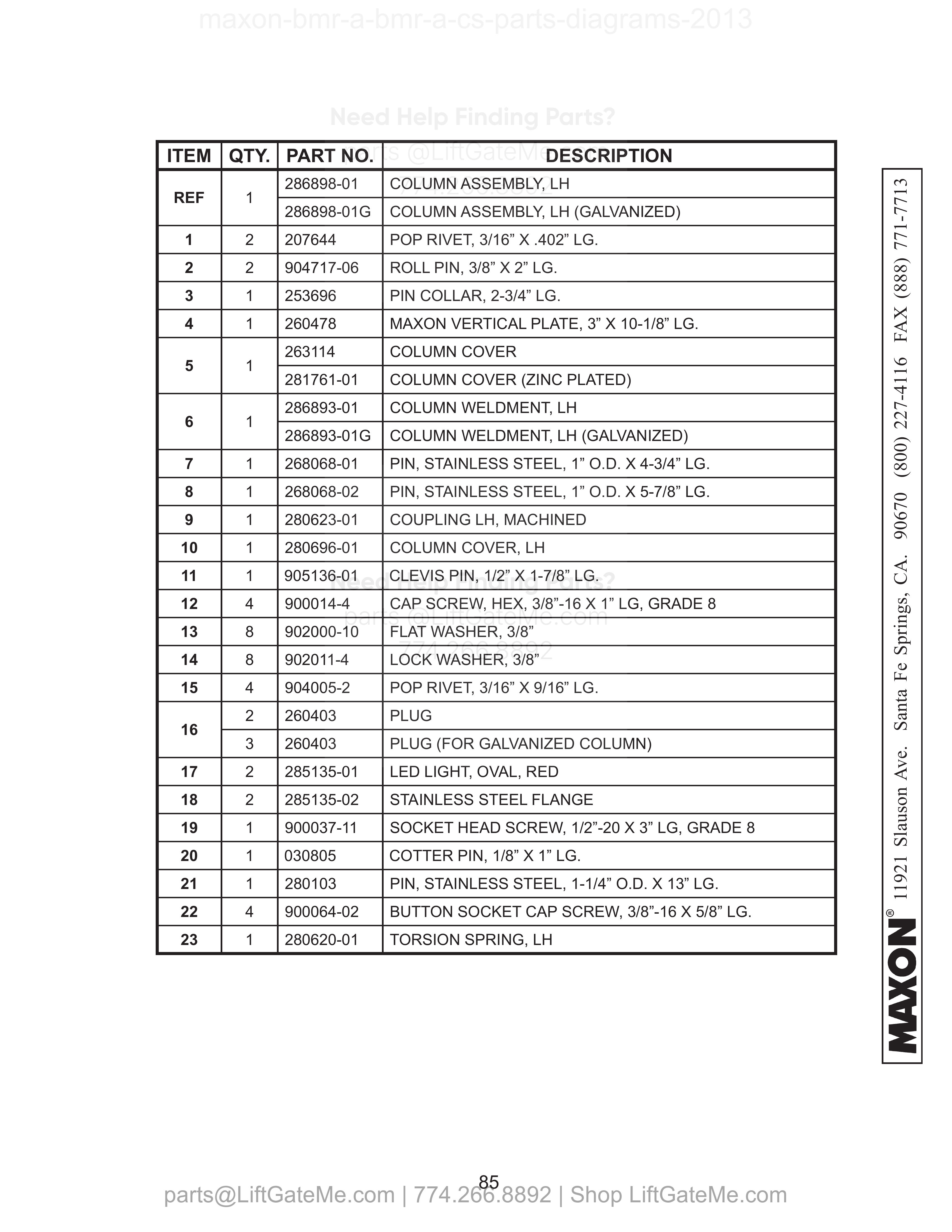 LH COLUMN ASSEMBLY (BMR-A-CS WITH 42” DEEP PLATFORM) parts table