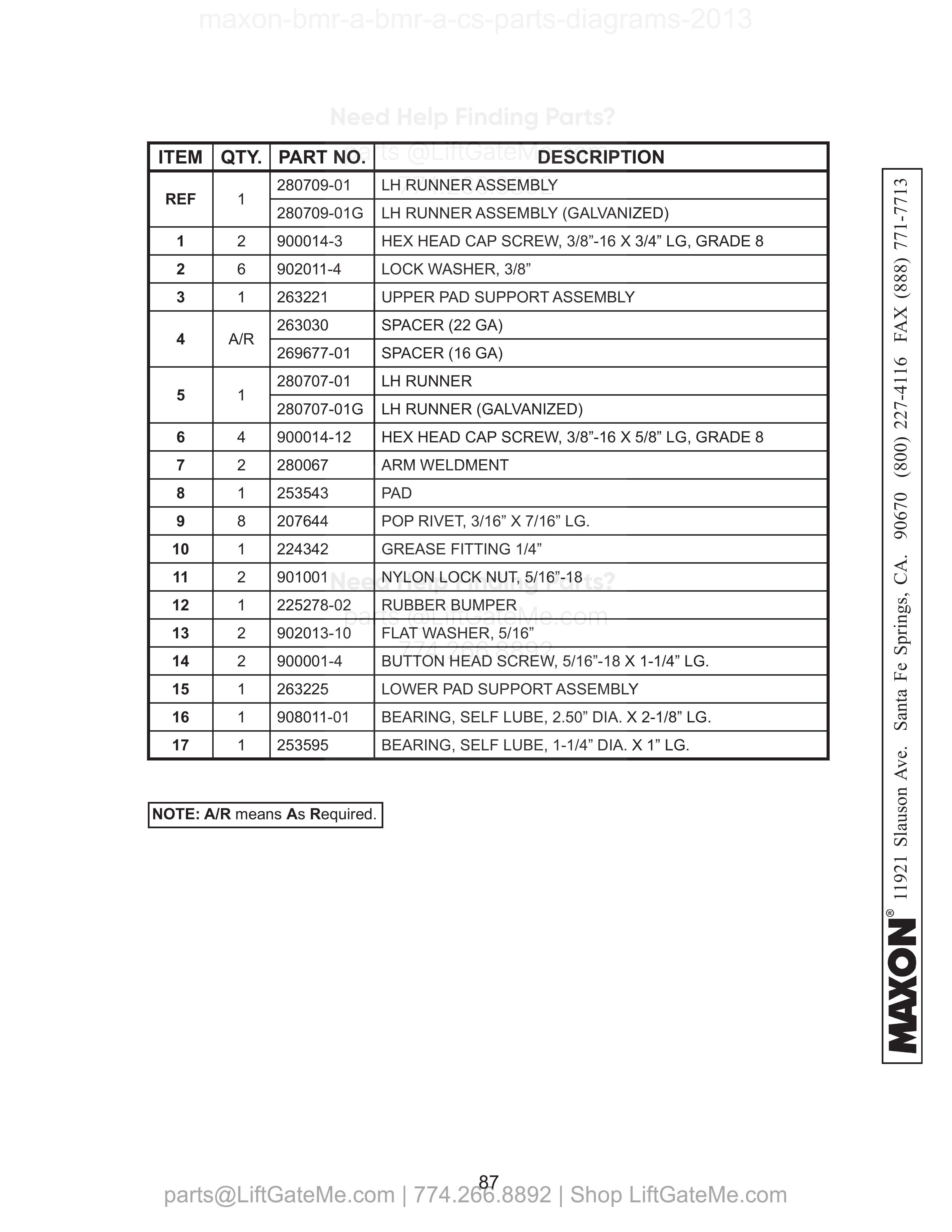 LH RUNNER ASSEMBLY (BMR-A-CS) parts table