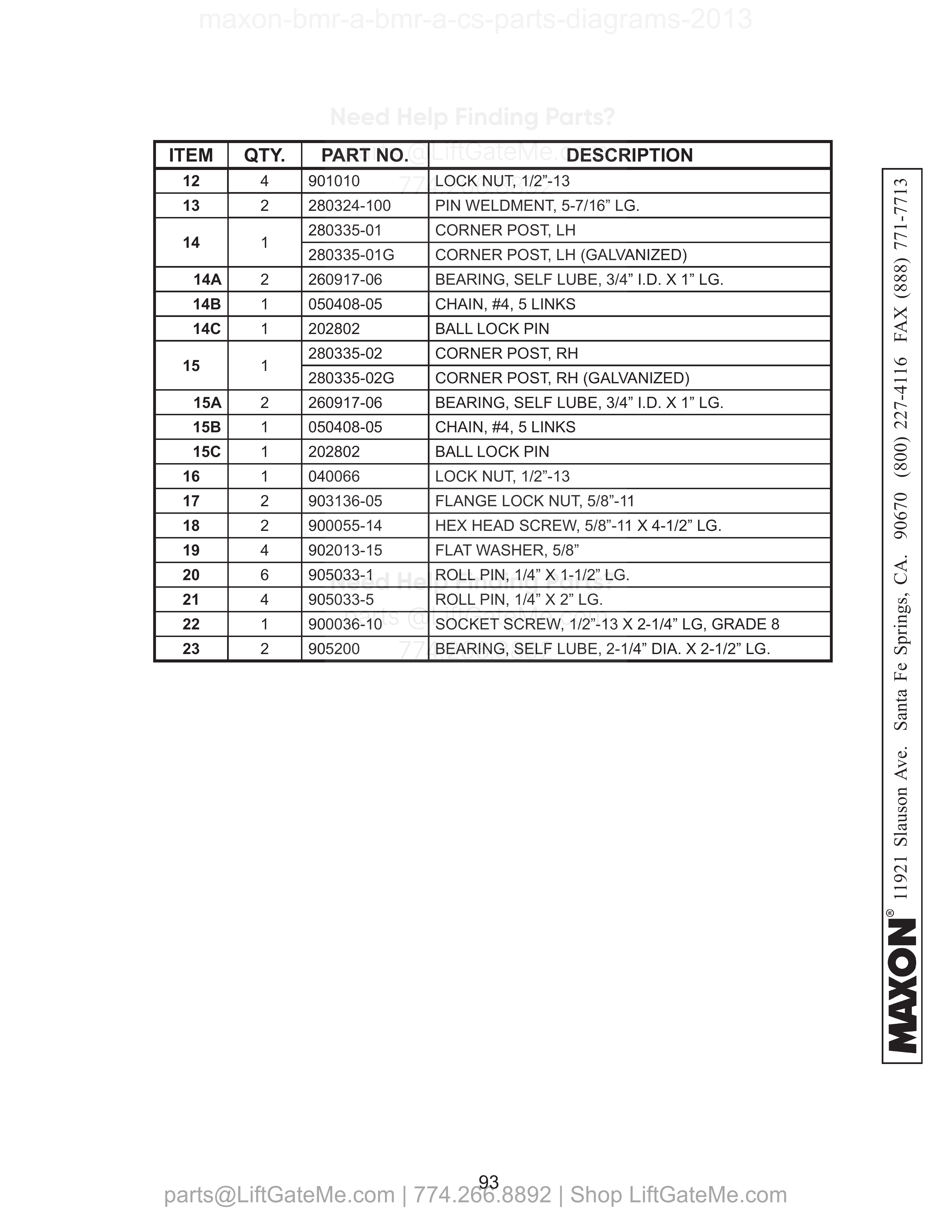 BMR-A-CS PLATFORM ASSEMBLY (STEEL) - Continued parts table