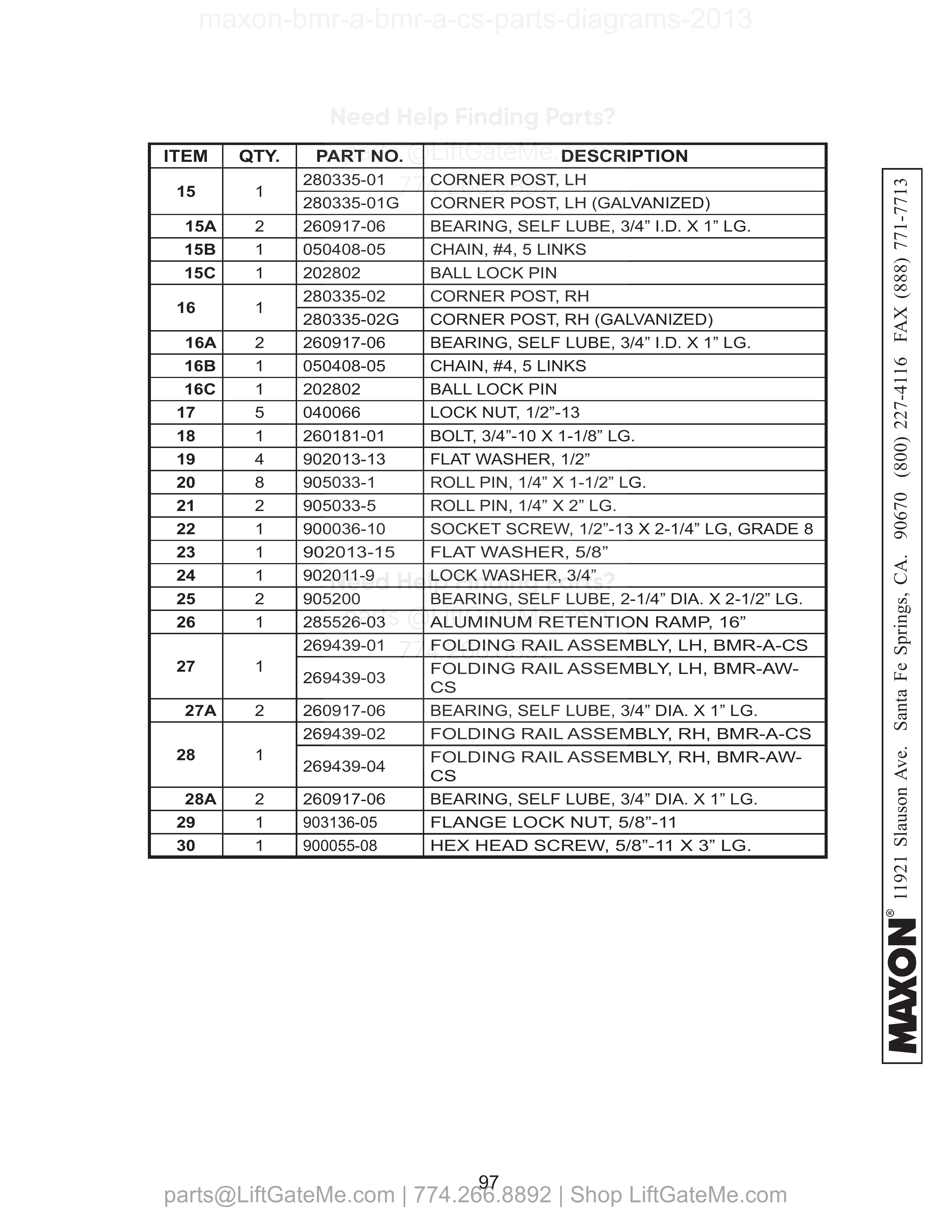 BMR-A-CS PLATFORM ASSEMBLY (ALUMINUM) - Continued parts table