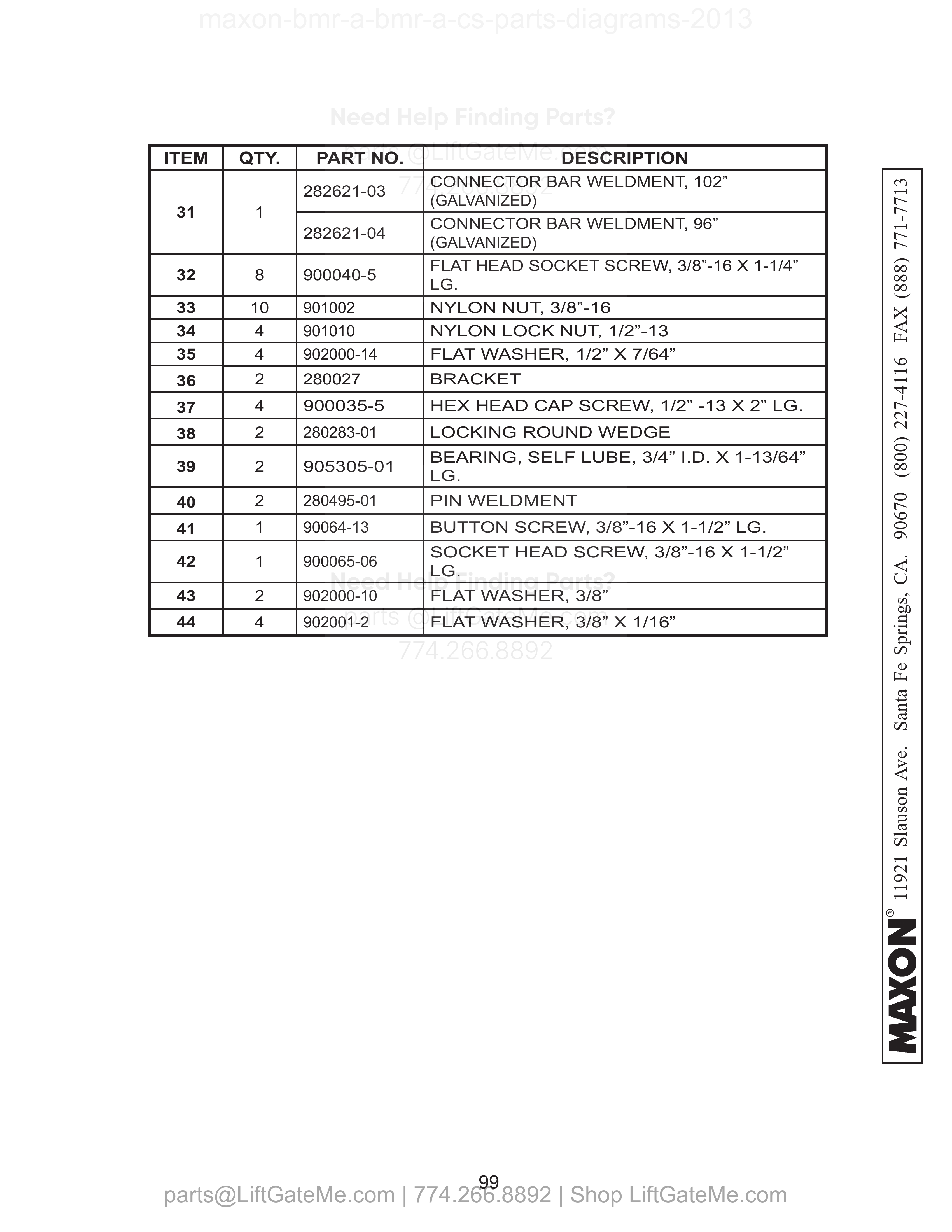BMR-A-CS PLATFORM ASSEMBLY (ALUMINUM) - Continued parts table