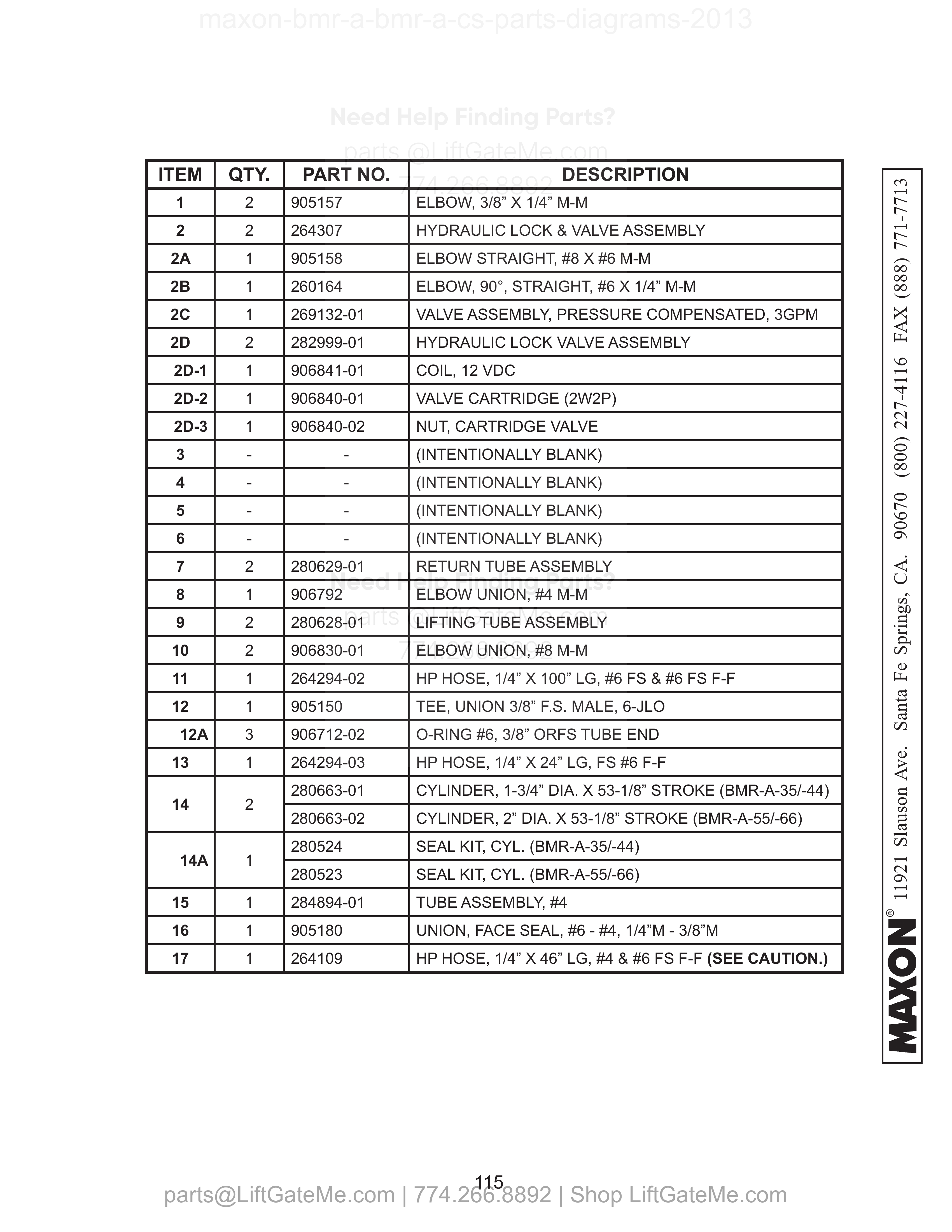HYDRAULIC COMPONENTS (POWER DOWN) parts table
