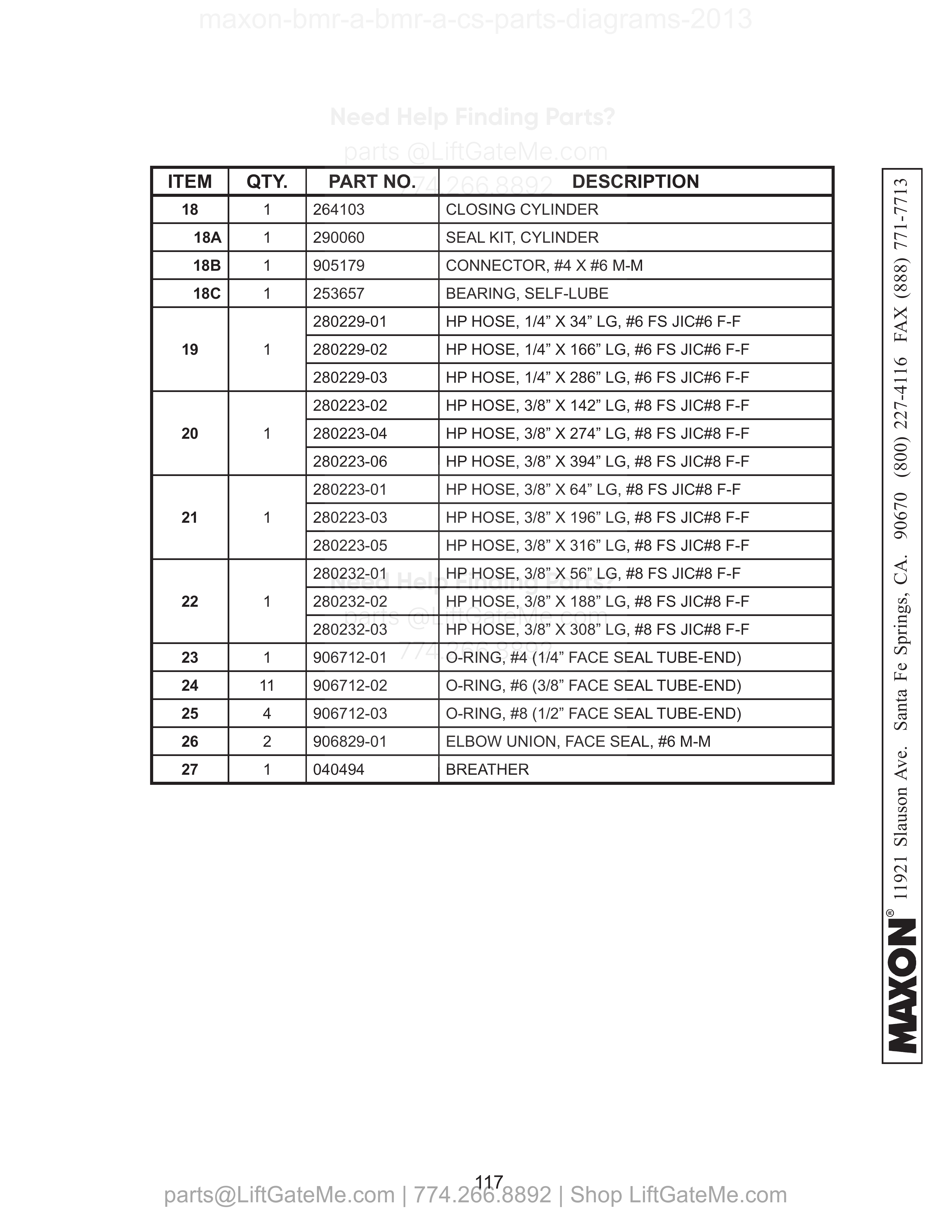 HYDRAULIC COMPONENTS (POWER DOWN) - Continued parts table