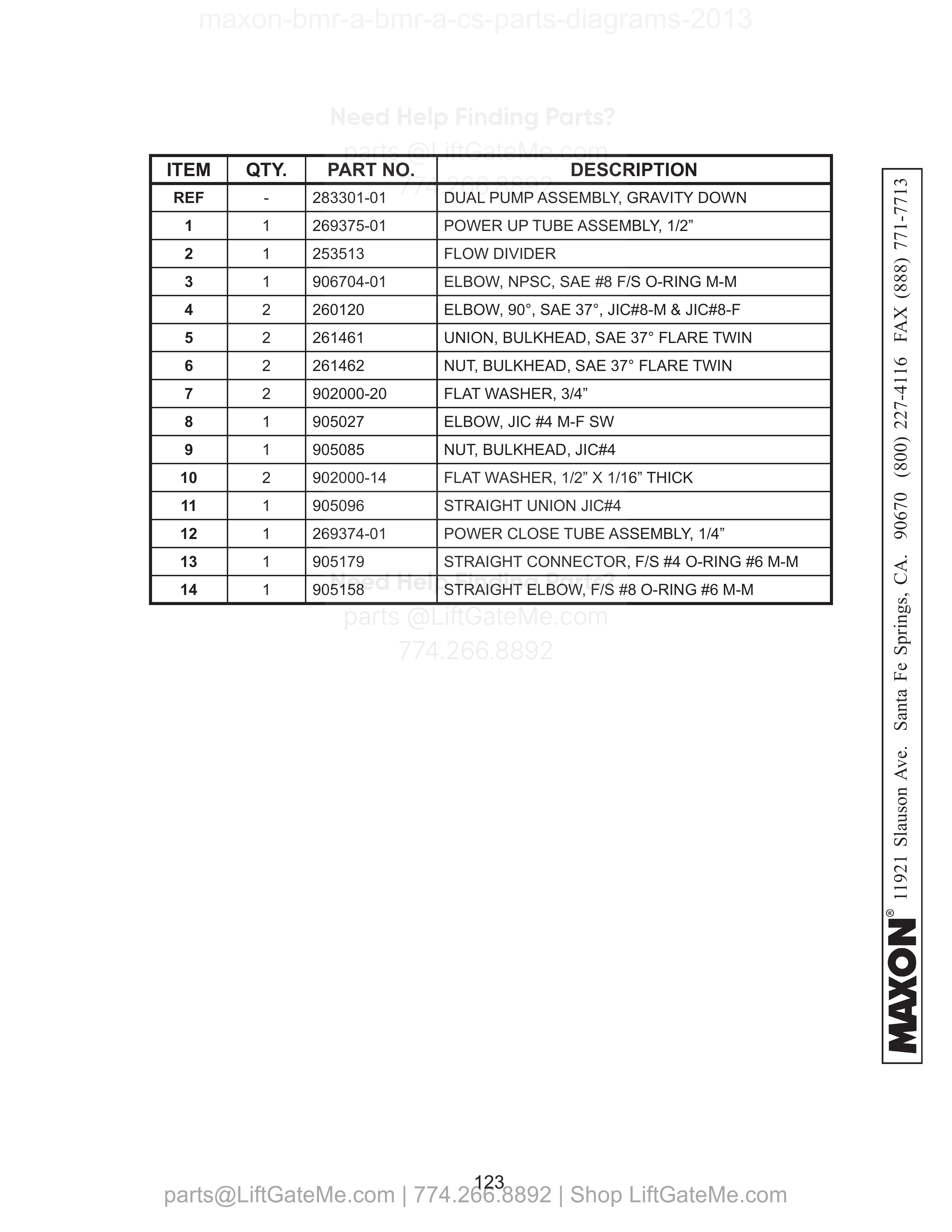 SINGLE PUMP ASSEMBLY (GRAVITY DOWN) parts table