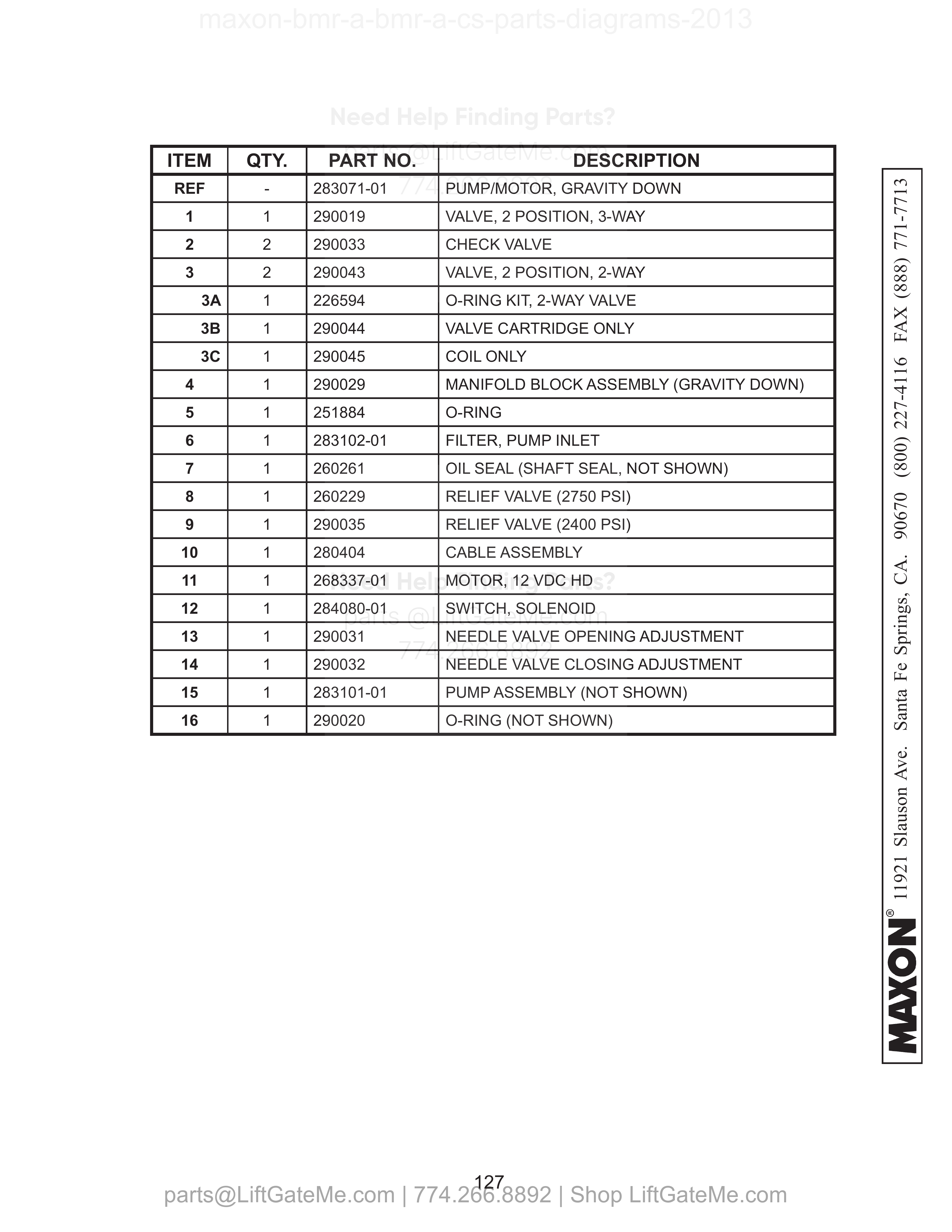 12VDC POWER UNIT (GRAVITY DOWN) parts table