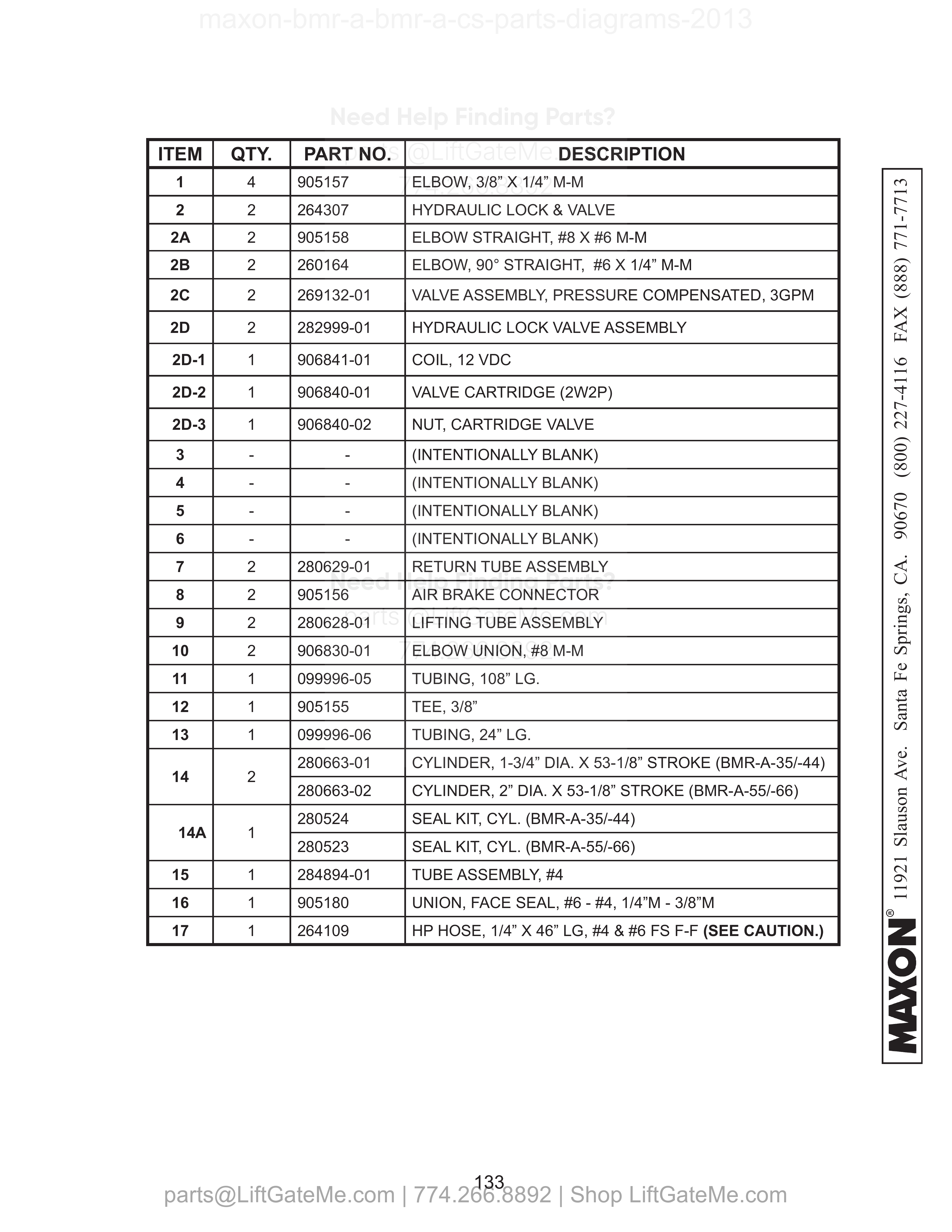 HYDRAULIC COMPONENTS (GRAVITY DOWN) parts table