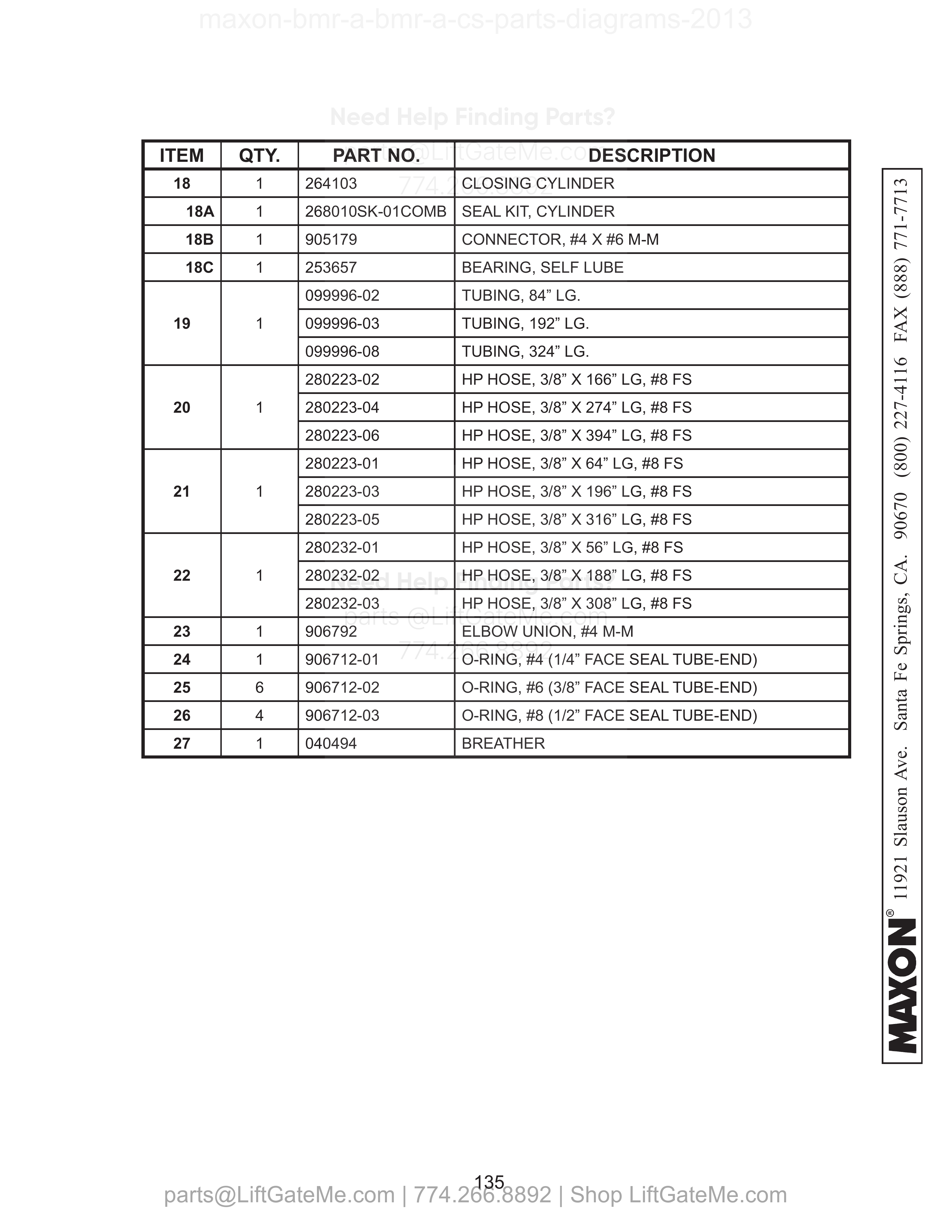 HYDRAULIC COMPONENTS (GRAVITY DOWN) - Continued parts table