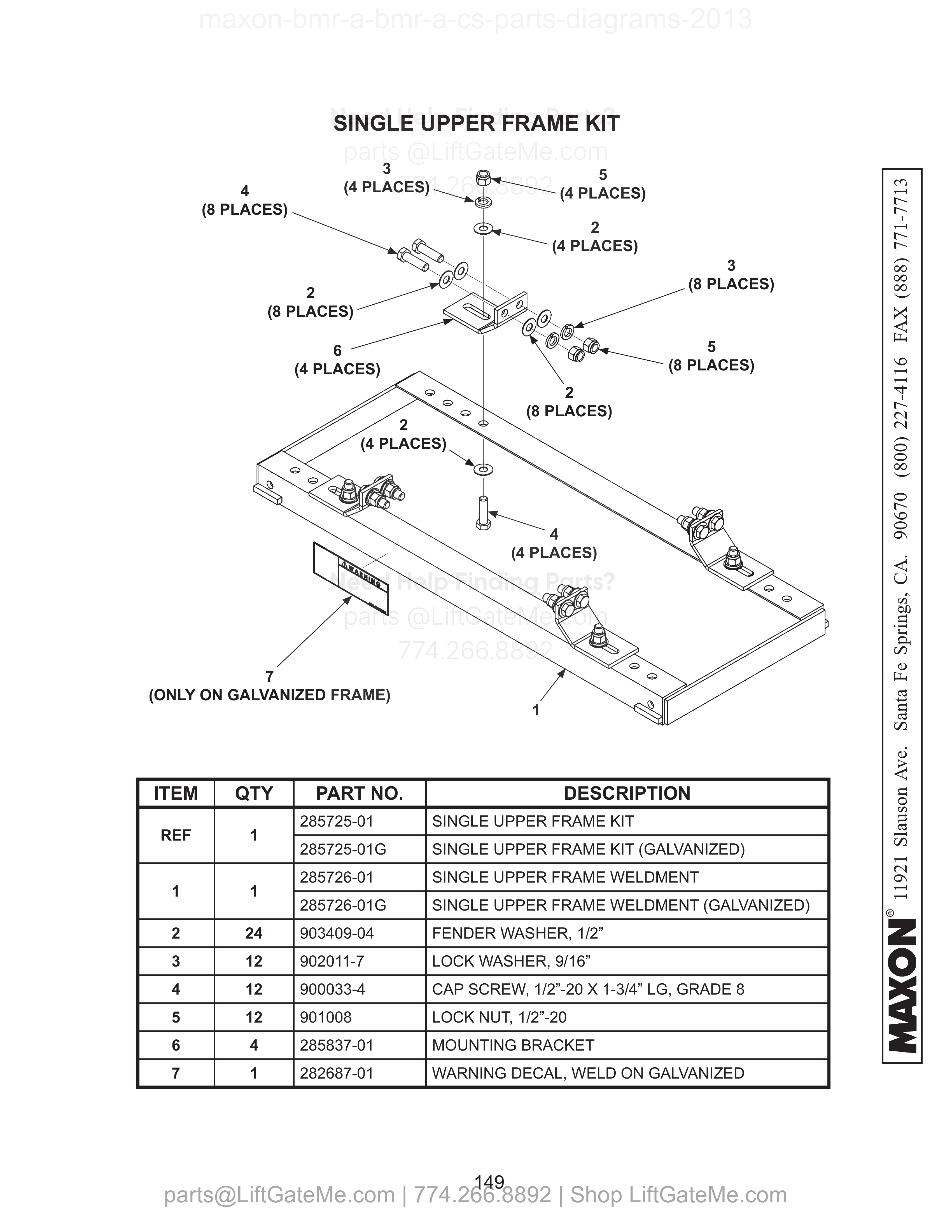 SINGLE UPPER FRAME KIT diagram