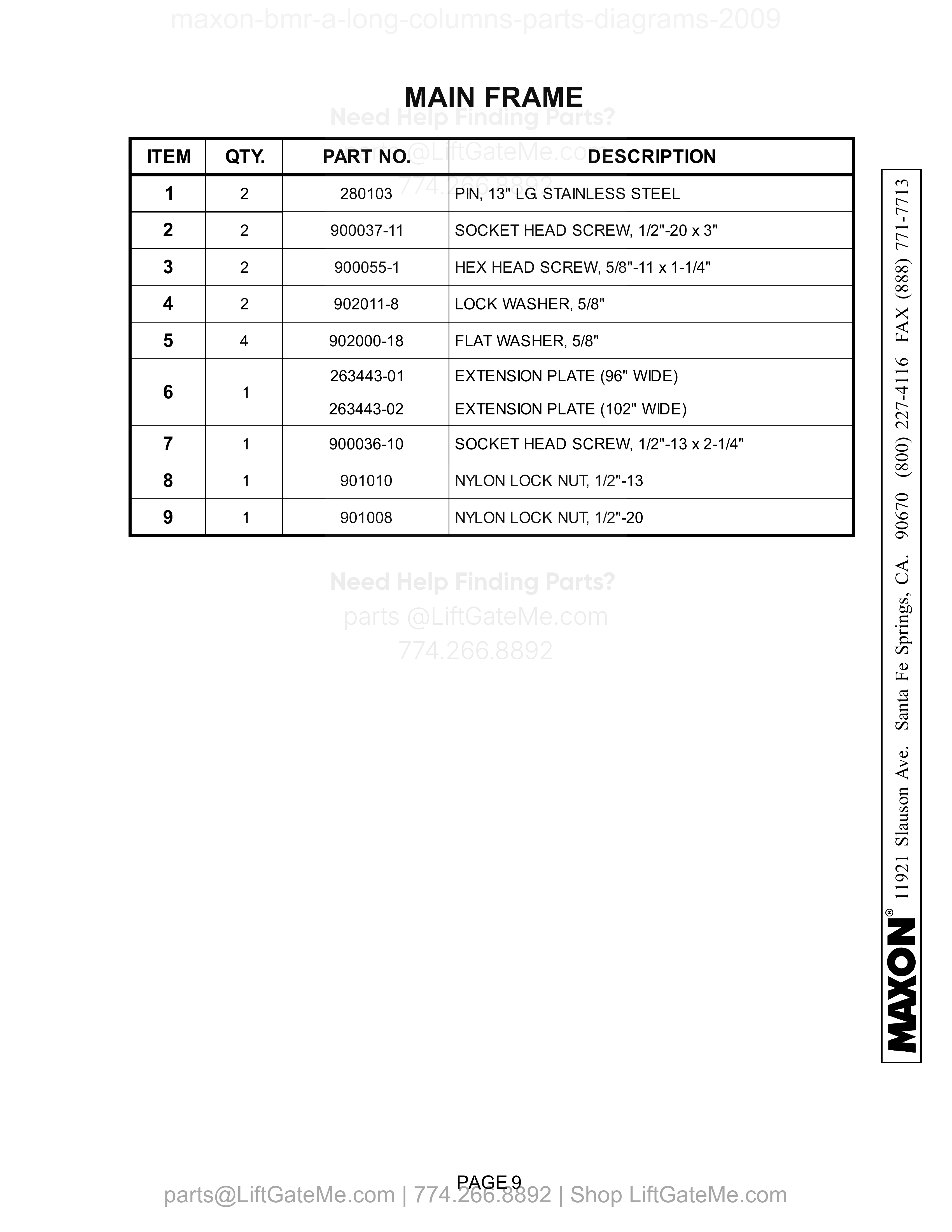 MAIN FRAME parts table
