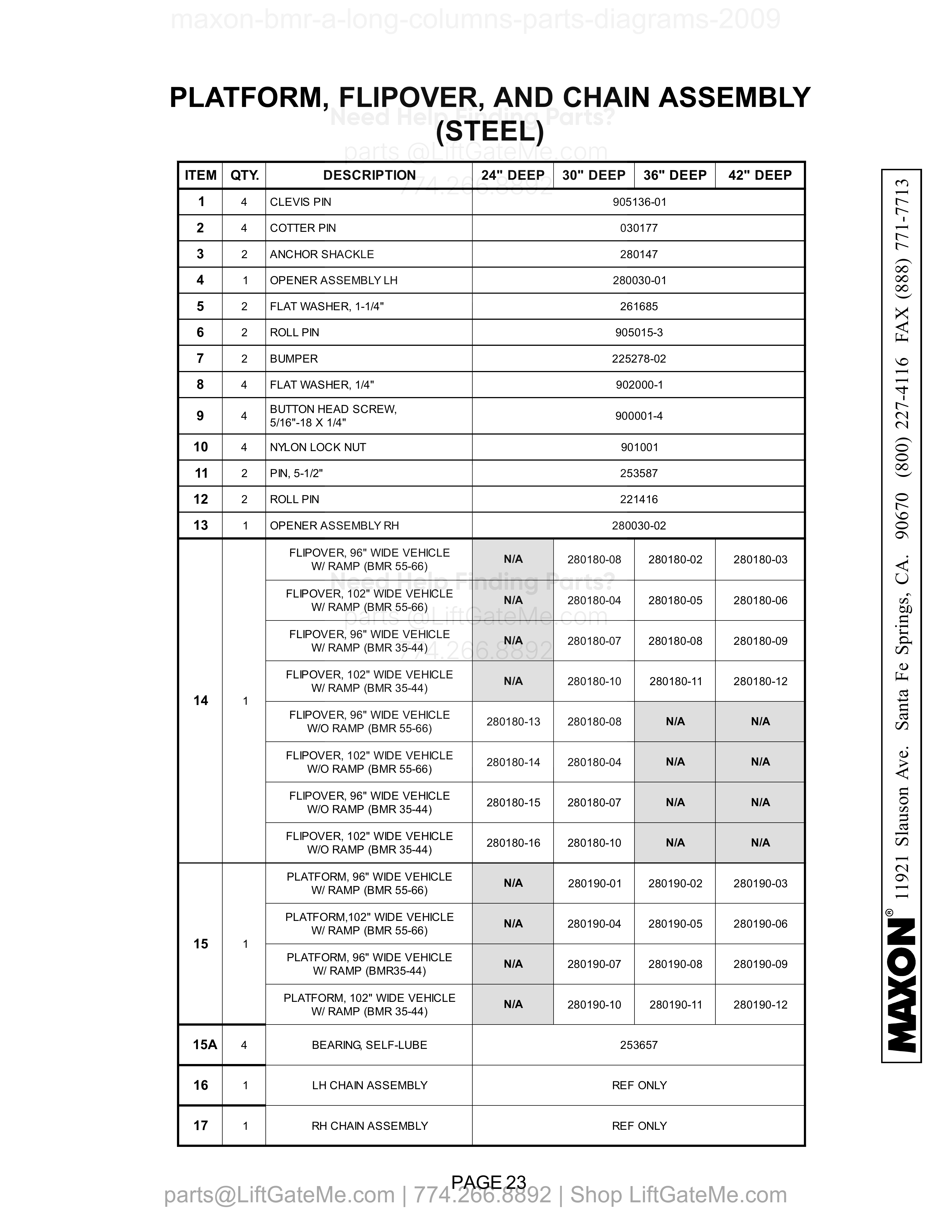 PLATFORM, FLIPOVER, AND CHAIN ASSEMBLY (STEEL) parts table