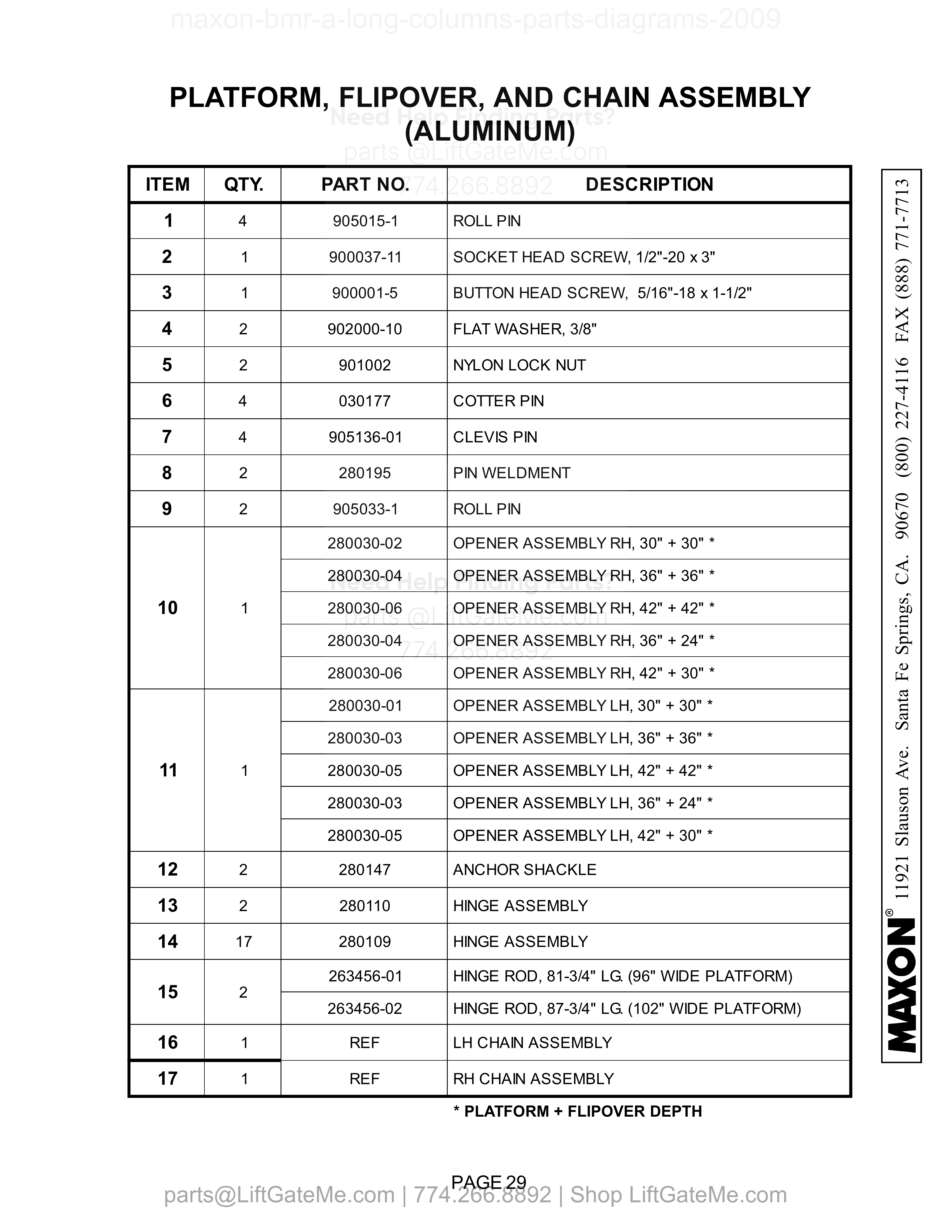 PLATFORM, FLIPOVER, AND CHAIN ASSEMBLY (ALUMINUM) parts table