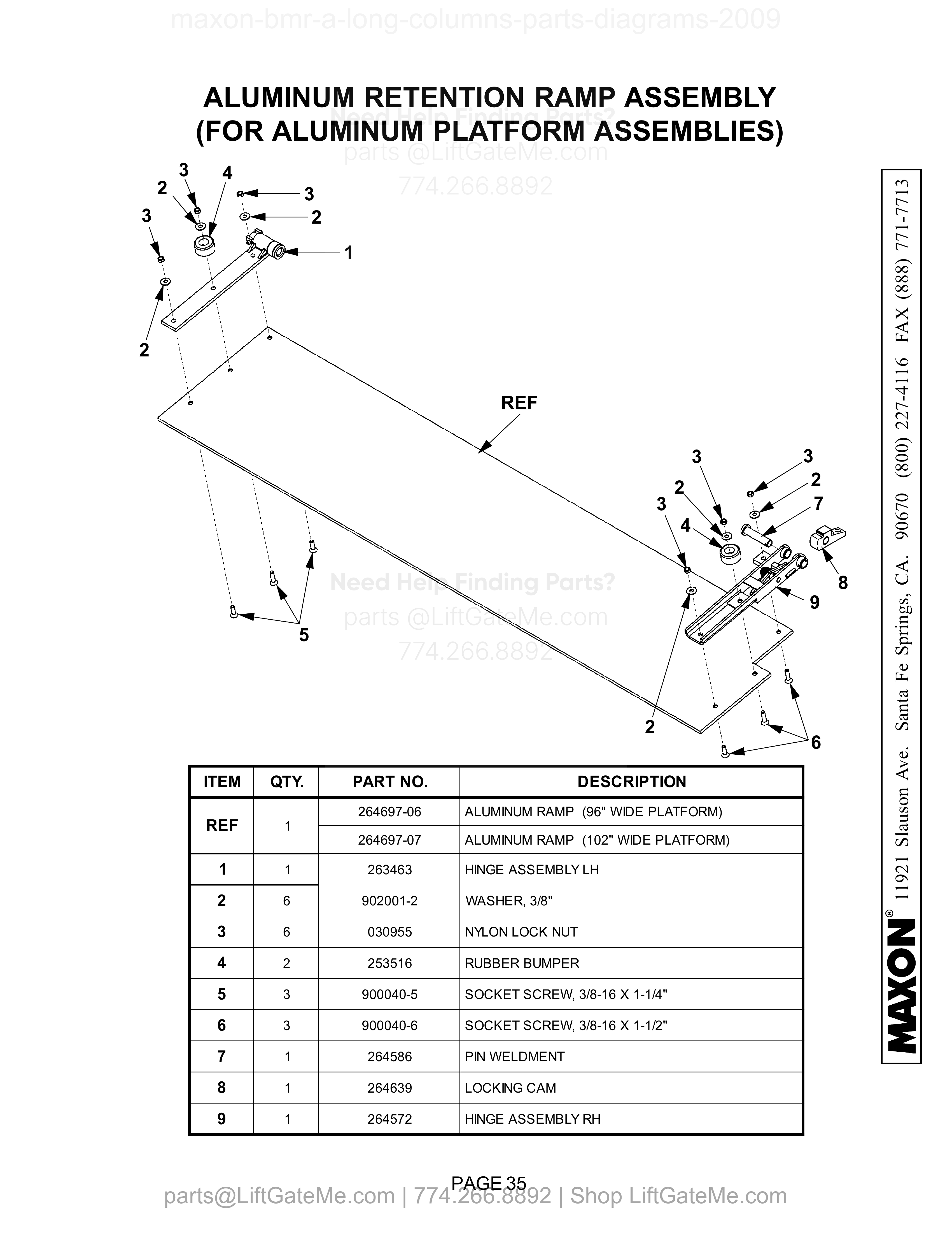 ALUMINUM RETENTION RAMP ASSEMBLY (FOR ALUMINUM PLATFORM ASSEMBLIES) diagram