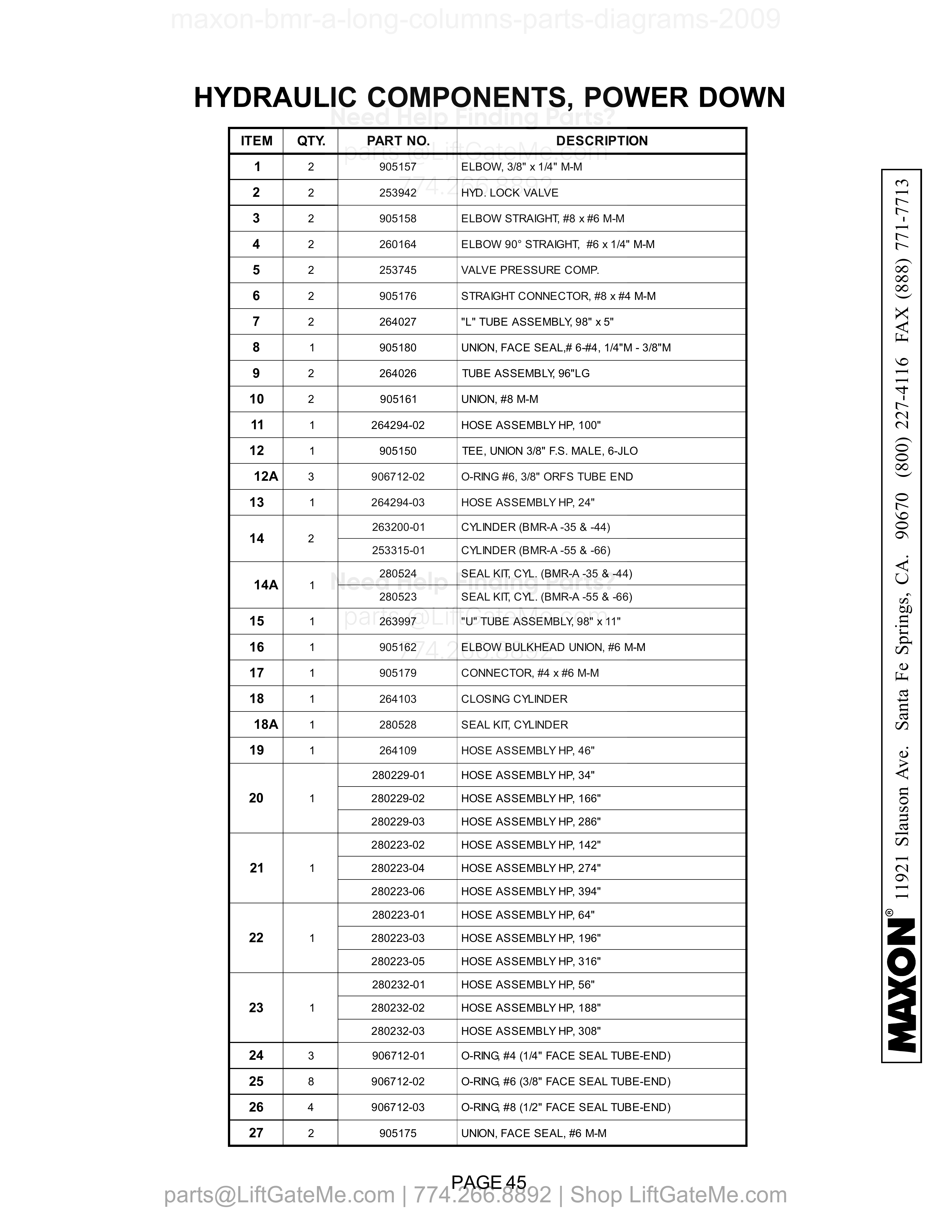 HYDRAULIC COMPONENTS, POWER DOWN parts table