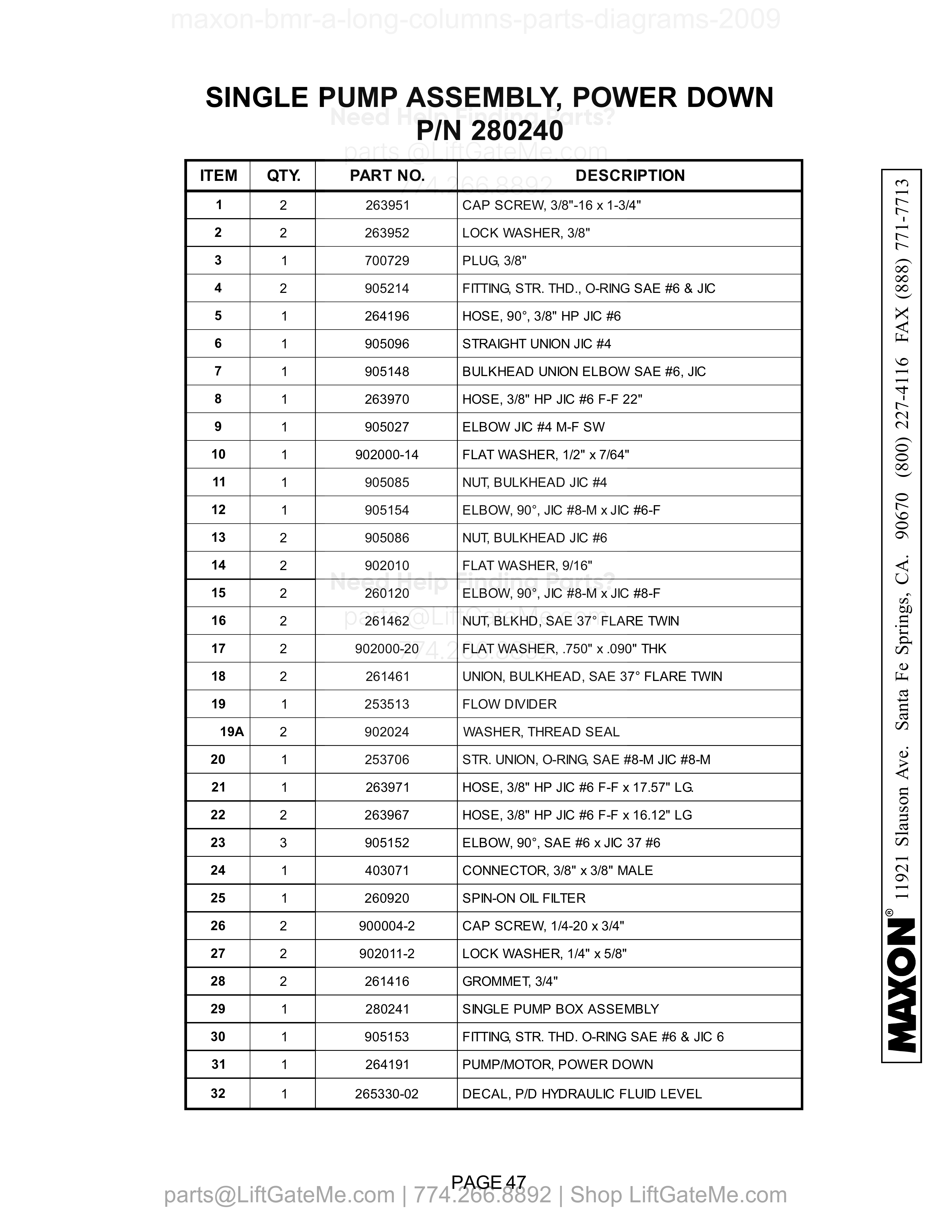 SINGLE PUMP ASSEMBLY, POWER DOWN parts table