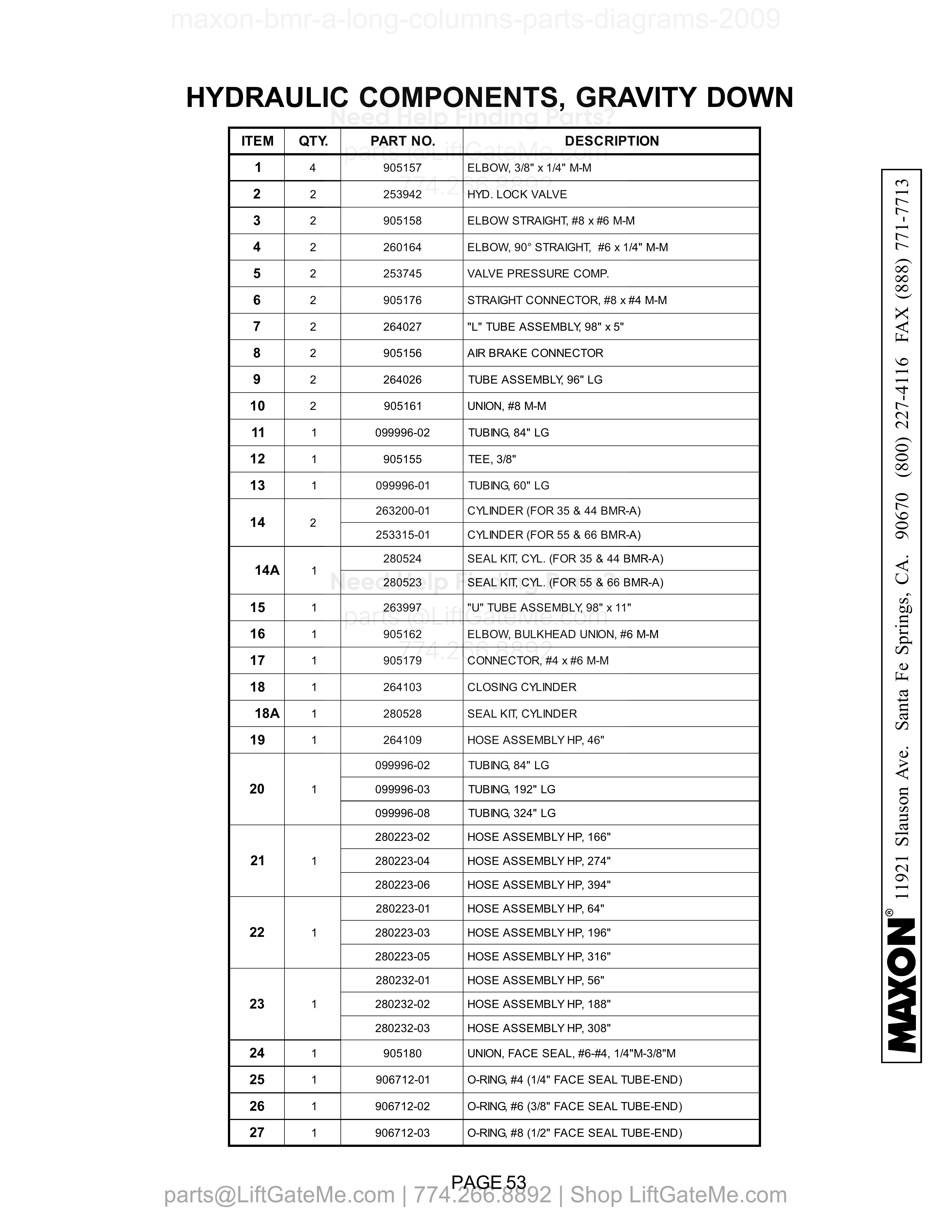 HYDRAULIC COMPONENTS, GRAVITY DOWN parts table