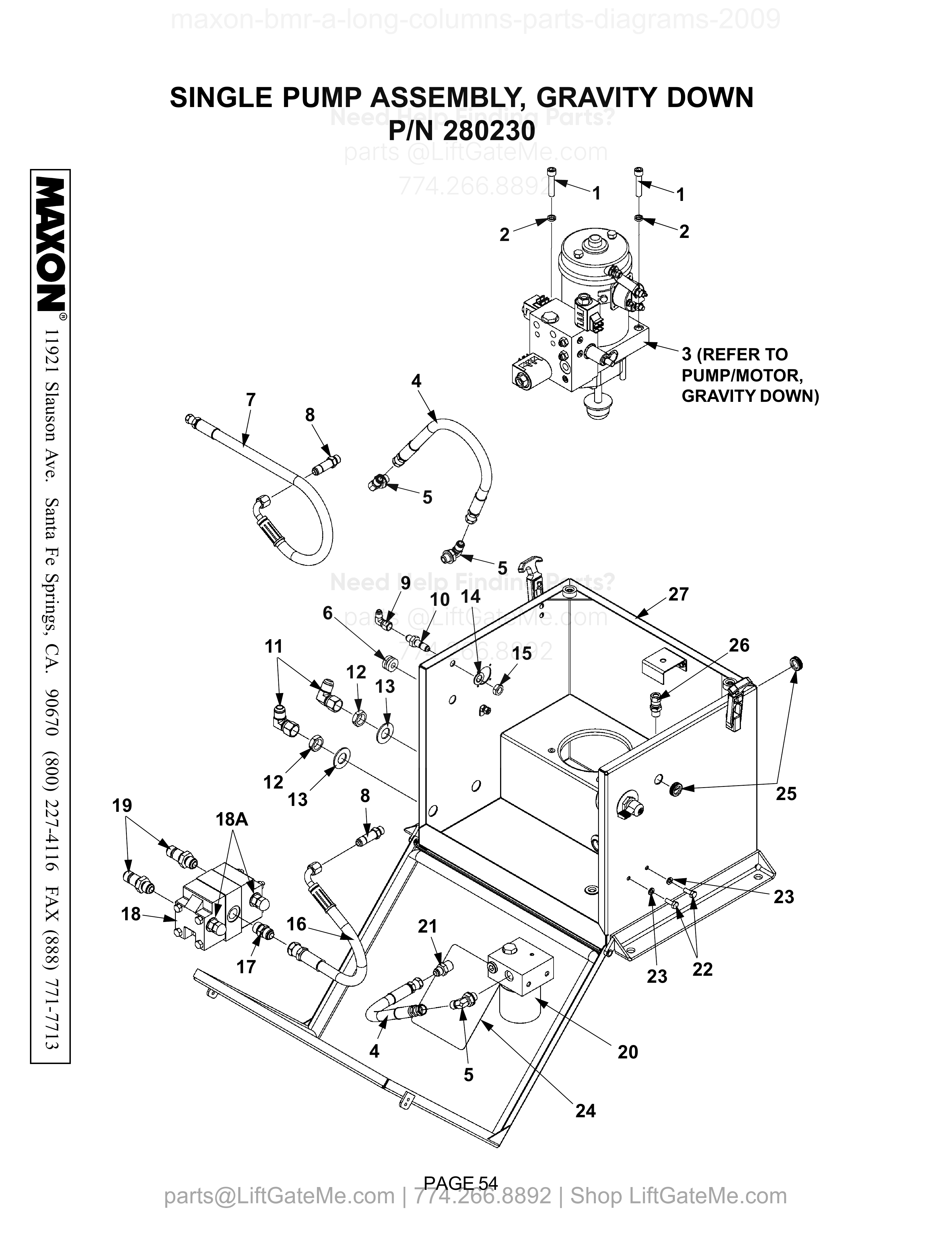 SINGLE PUMP ASSEMBLY, GRAVITY DOWN diagram