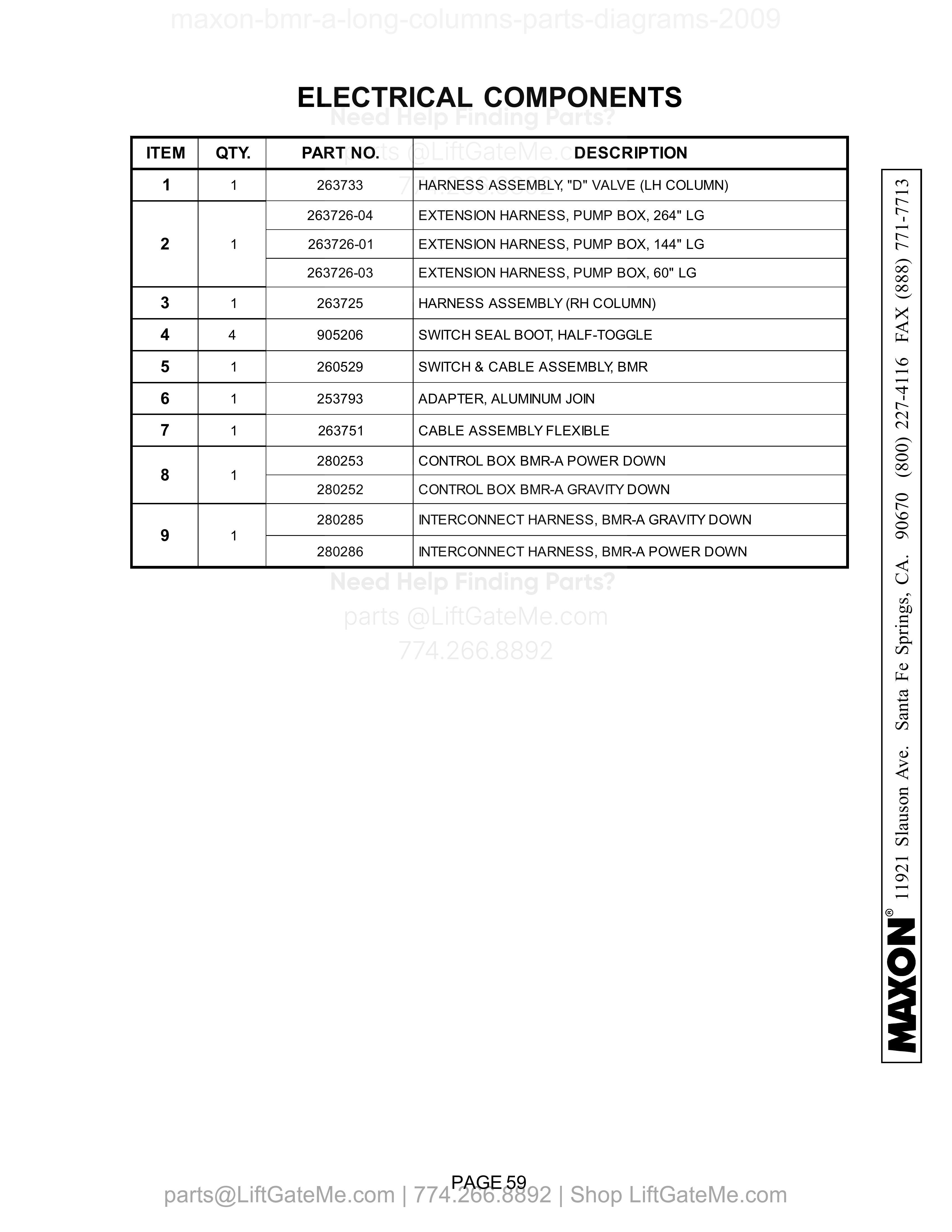 ELECTRICAL COMPONENTS parts table