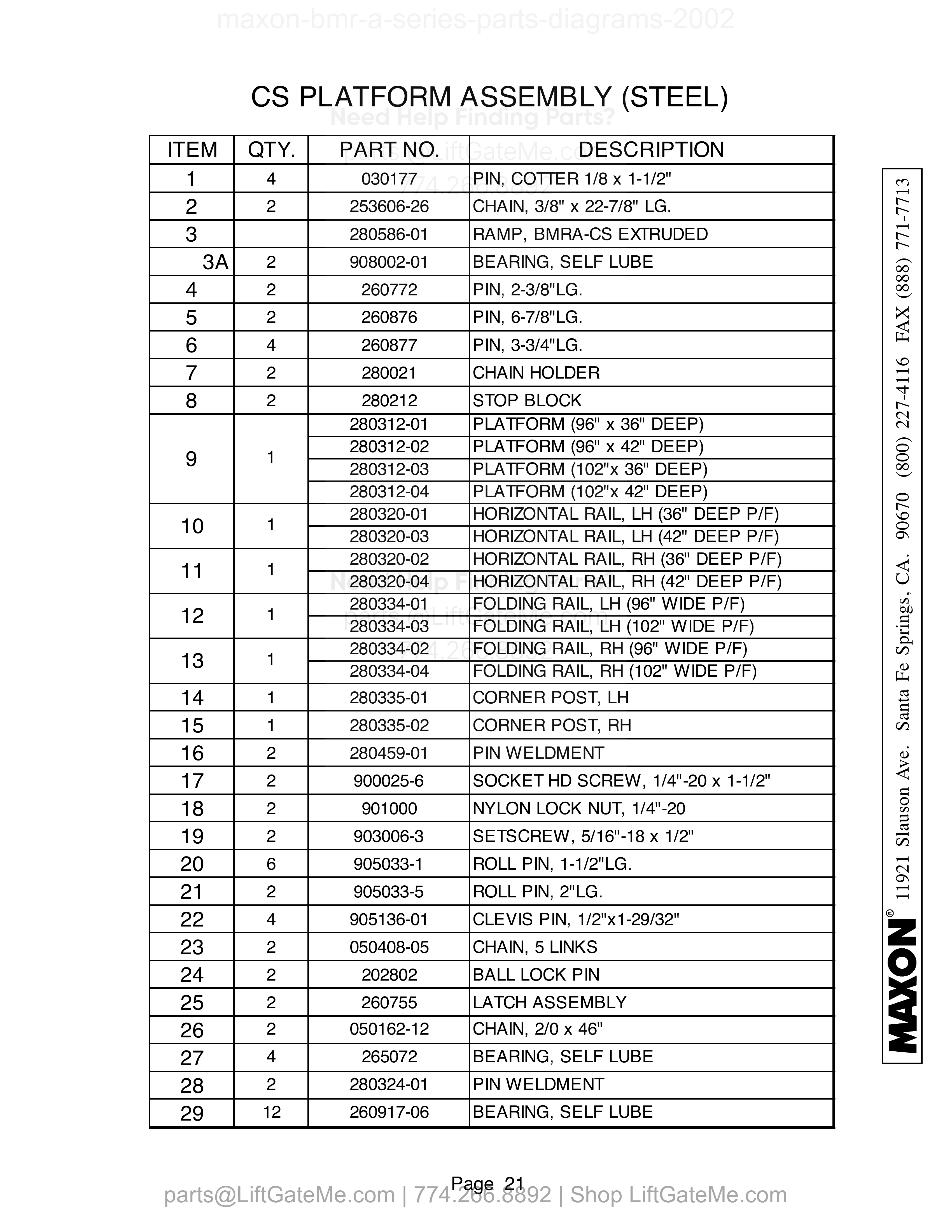CS PLATFORM ASSEMBLY (STEEL) parts table